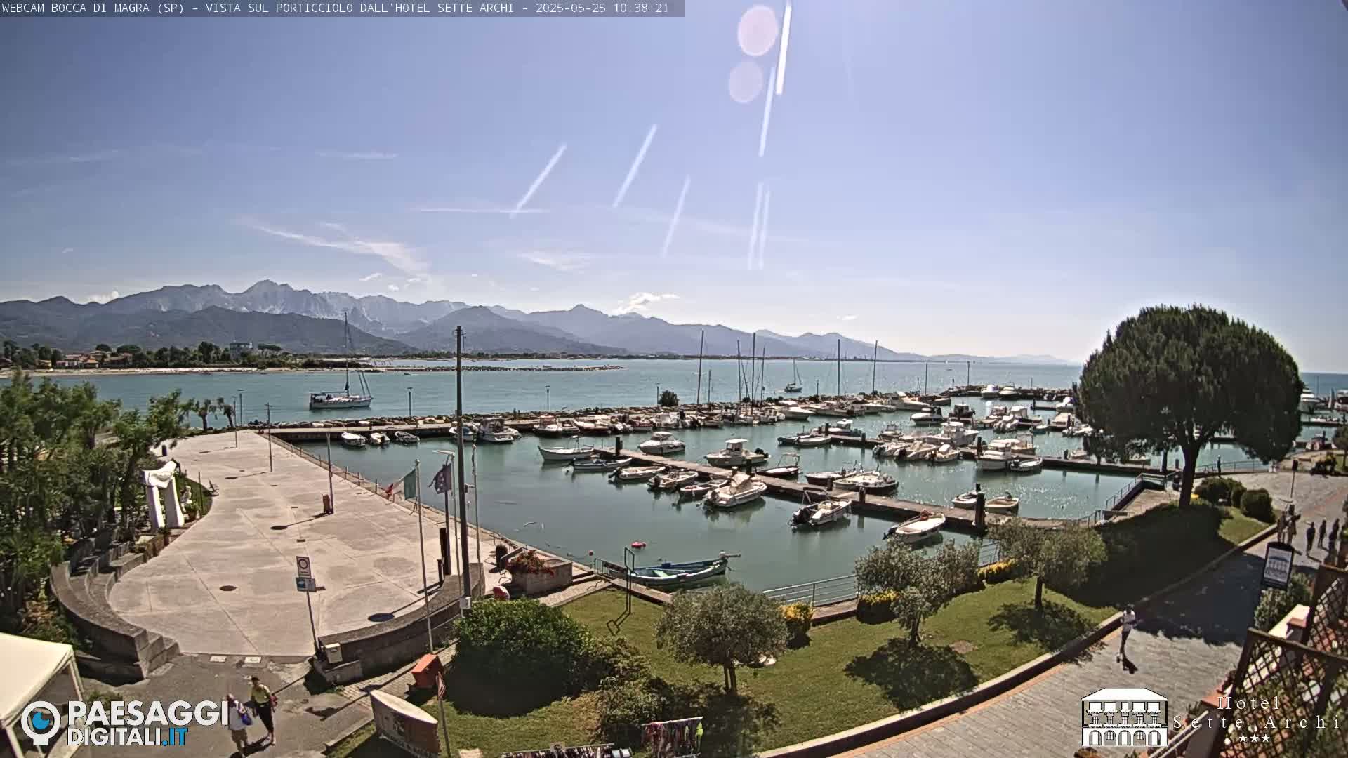 A sunny day shows a harbor filled with many boats, a paved area, green landscaping, and mountains in the distance.