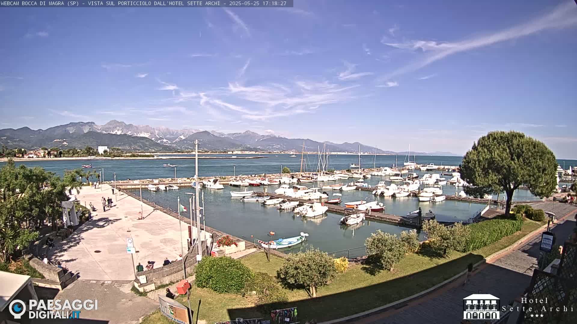 A sunny day overlooking a harbor filled with numerous boats, a paved walkway, and mountains in the distance.