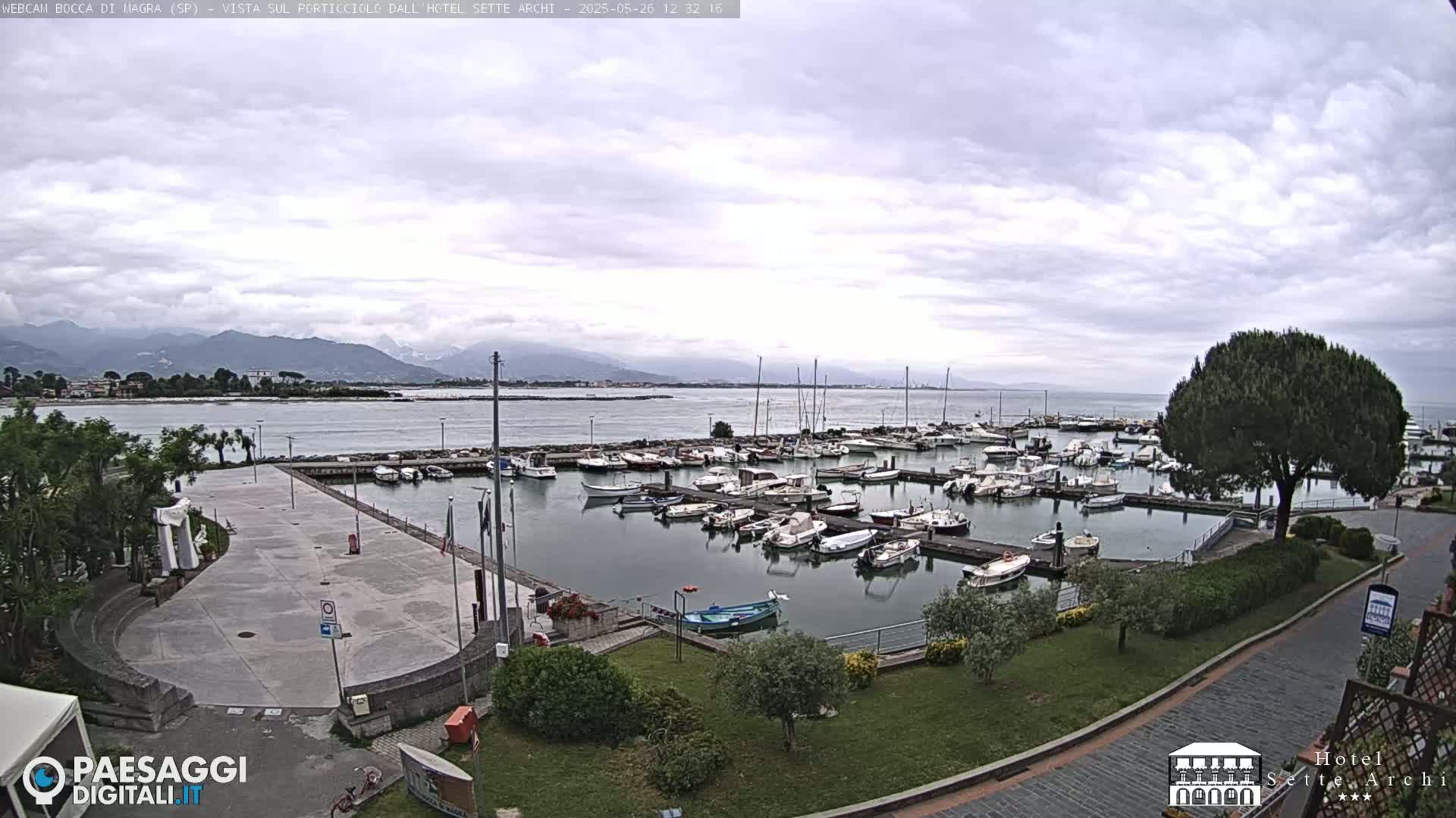 A harbor filled with numerous boats is seen under a cloudy sky, with mountains visible in the distance.