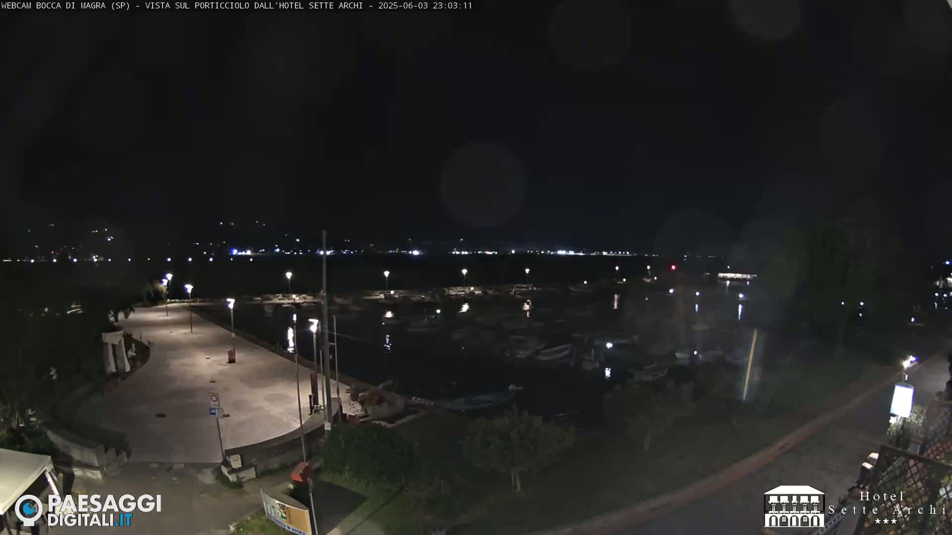A nighttime view of a harbor filled with boats, a paved waterfront area, and distant lights across the water.