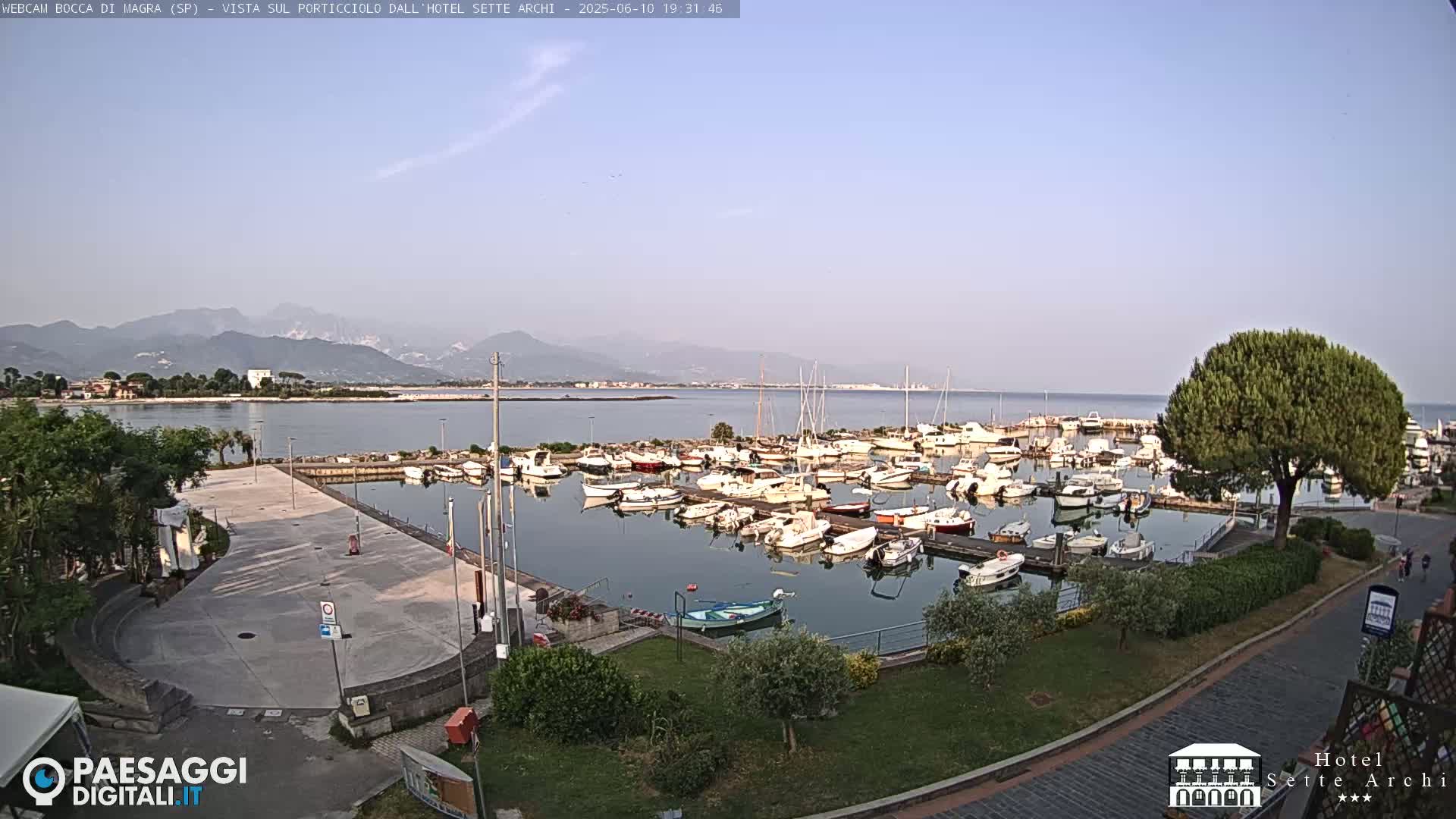 A marina filled with numerous boats is situated near a paved area and lush green landscaping, all overlooking a calm body of water with mountains in the background under a clear sky.