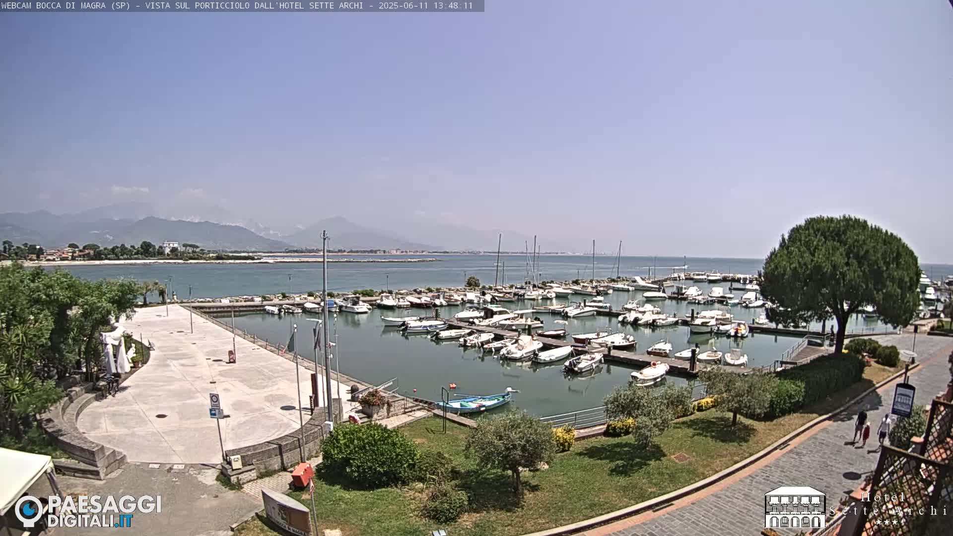 A marina filled with numerous boats is situated near a paved plaza and green landscaping, with mountains visible in the distance under a clear blue sky.
