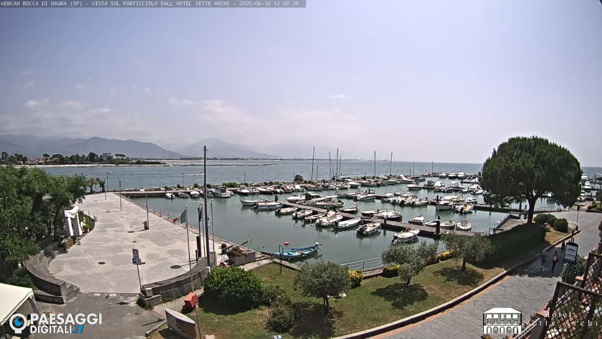 A harbor filled with numerous boats is situated near a paved plaza and green space, all under a clear, sunny sky with mountains visible in the distance.