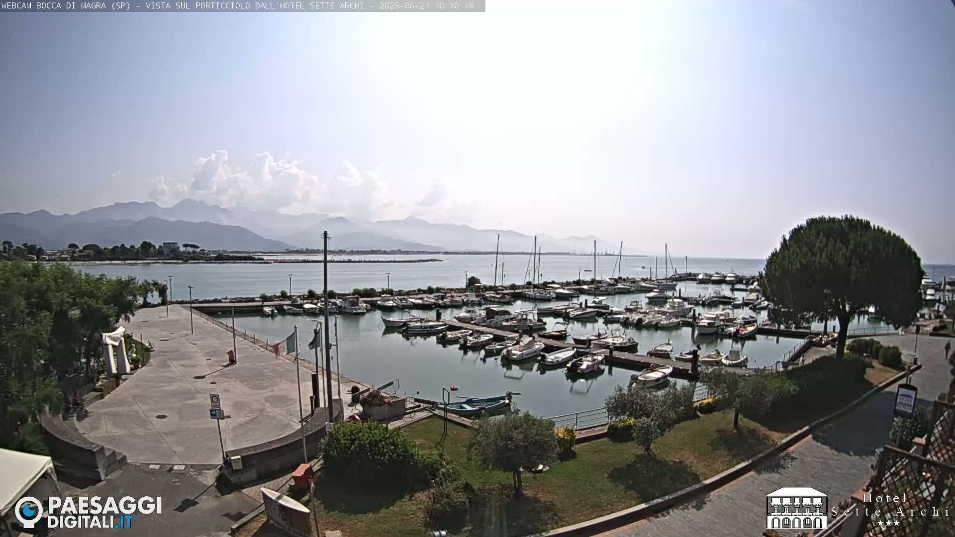 A marina filled with numerous boats is situated near a paved area, with a tree and greenery, all overlooking a calm body of water and distant mountains under a partly cloudy sky.