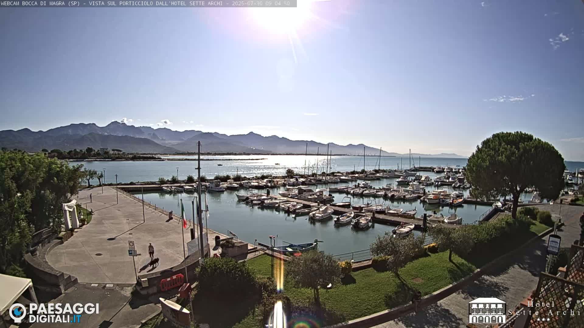 A sunny day overlooking a marina filled with boats, a paved walkway, and mountains in the distance.