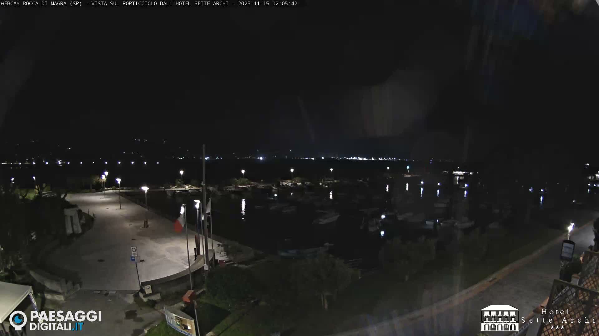 A clear night showcases a well-lit marina filled with docked boats, a waterfront promenade, and distant city lights reflecting across the calm water.