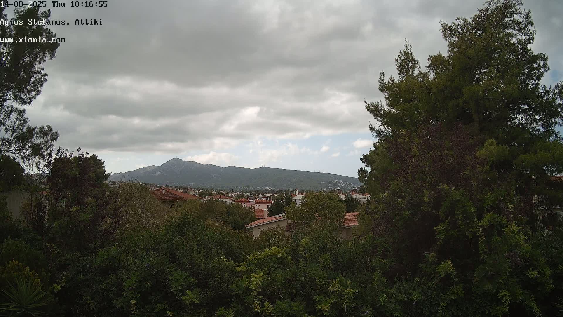 A view of a residential area with green vegetation in the foreground, overlooking a town and mountains under a cloudy sky.
