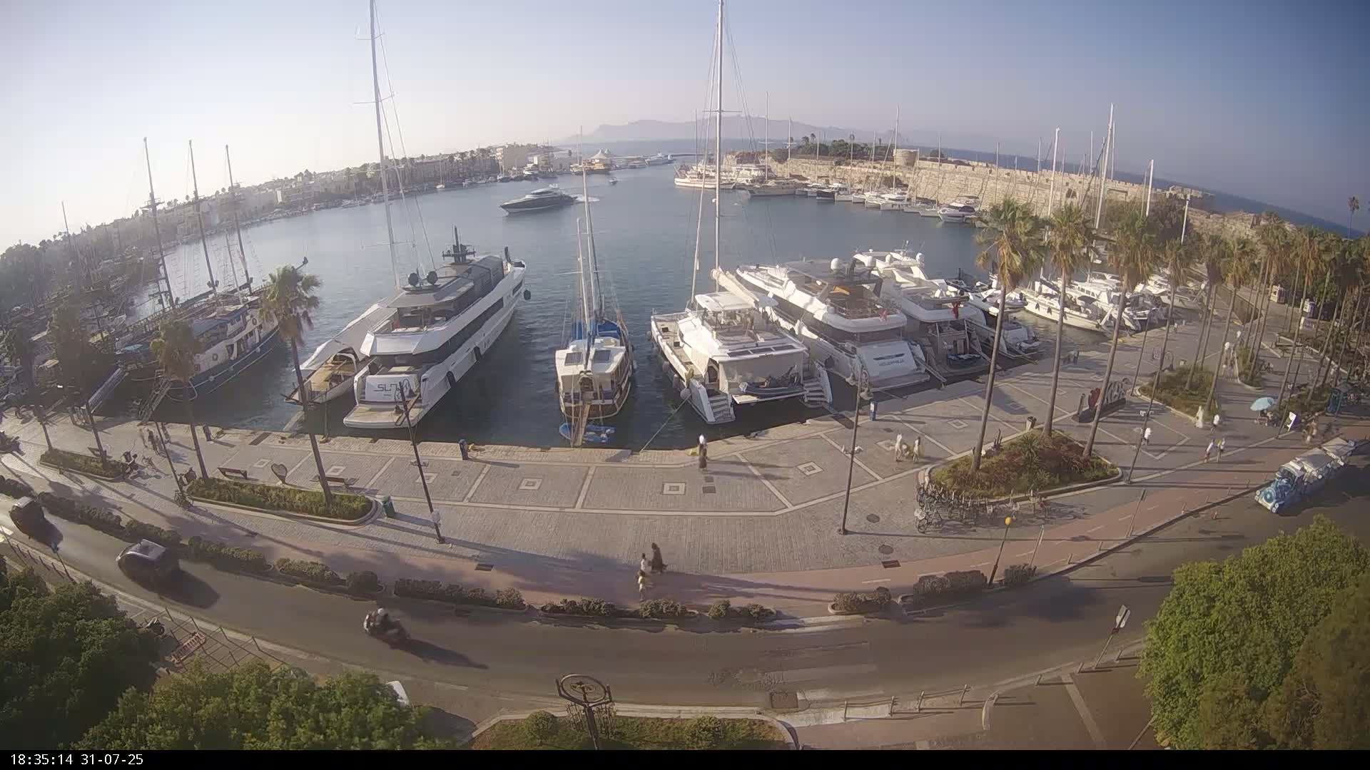 A marina filled with yachts and sailboats on a sunny day, bordered by a paved walkway lined with palm trees and a road.