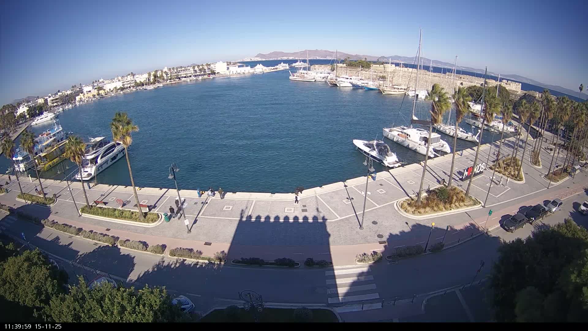 An elevated view captures a vibrant harbor filled with various boats and yachts, bordered by a palm-lined promenade with pedestrians and a road with cars, all under a bright, clear blue sky with distant hills and coastal structures visible in the background.