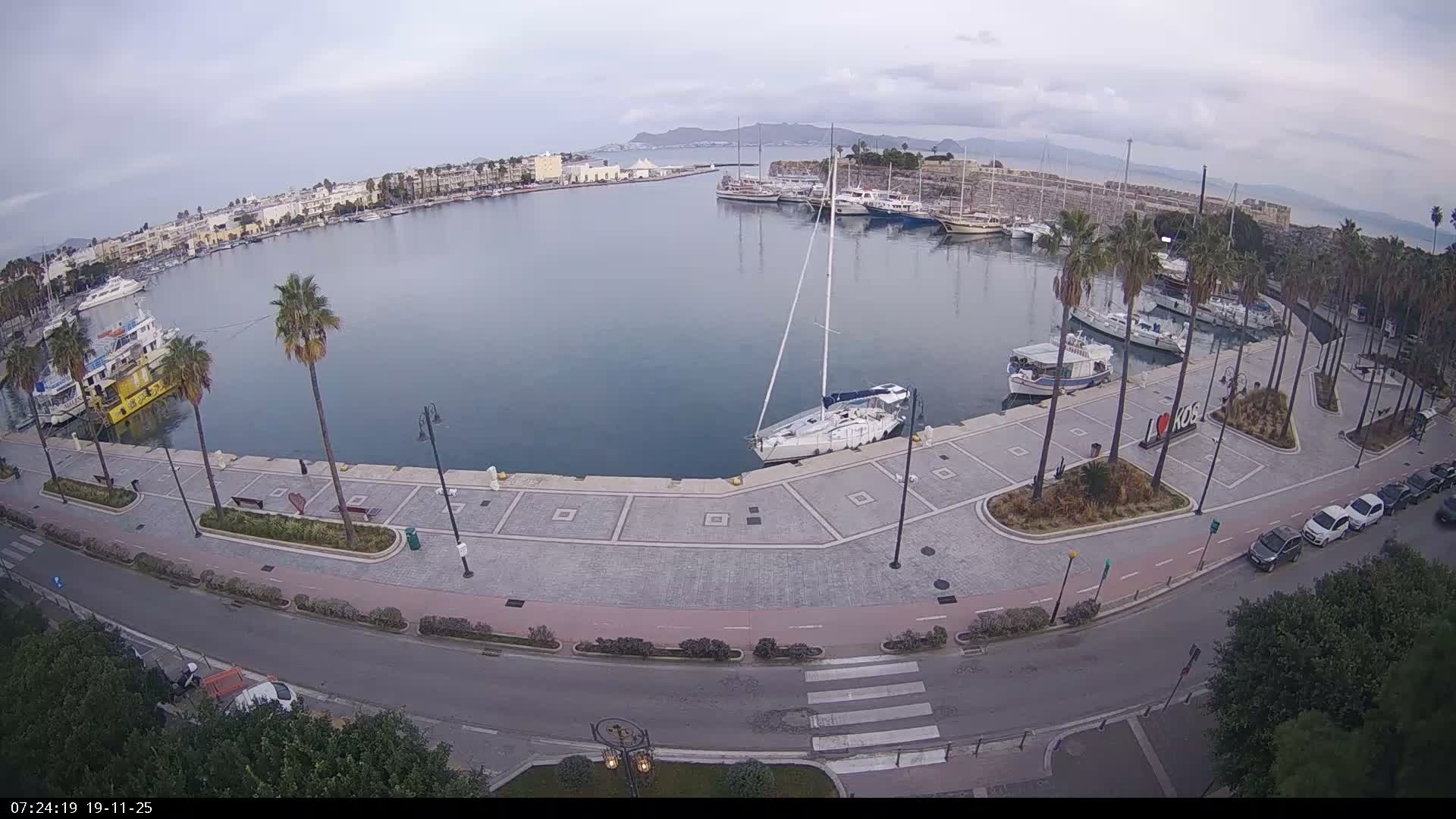 Kos City, Kos Island Harbour, Nerantzia Castle & Turkey Mainland View Live Cam - Kos, Dodacanese,  South Aegean (Periféreia Notíou Aigaíou), Greece