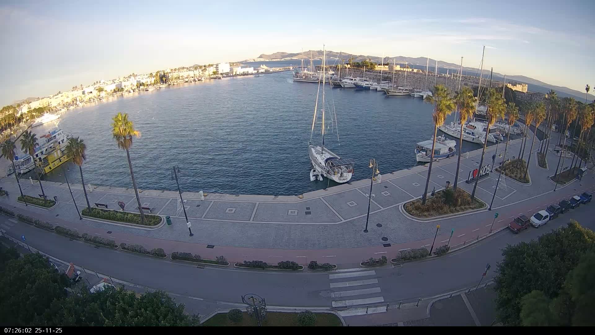 Kos City, Kos Island Harbour, Nerantzia Castle & Turkey Mainland View Live Cam - Kos, Dodacanese,  South Aegean (Periféreia Notíou Aigaíou), Greece