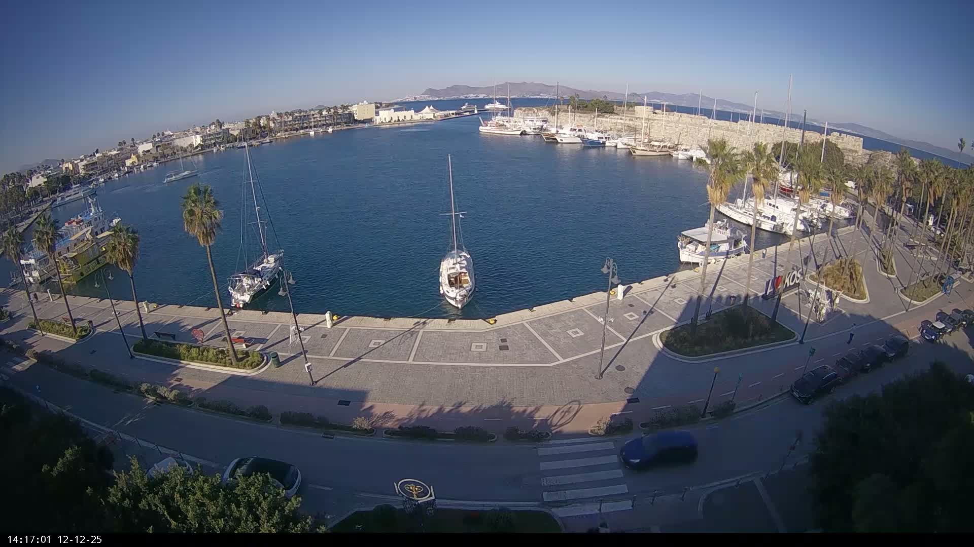 Kos City, Kos Island Harbour, Nerantzia Castle & Turkey Mainland View Live Cam - Kos, Dodacanese,  South Aegean (Periféreia Notíou Aigaíou), Greece