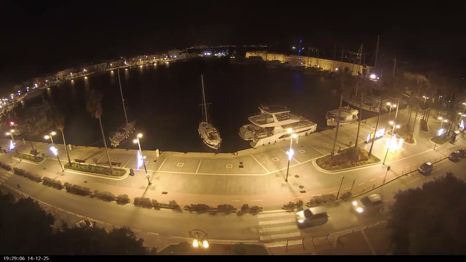 Under an overcast sky, a curved harbor crowded with various boats is flanked by a wet, palm-lined promenade and street, with buildings and a historic stone wall in the background.