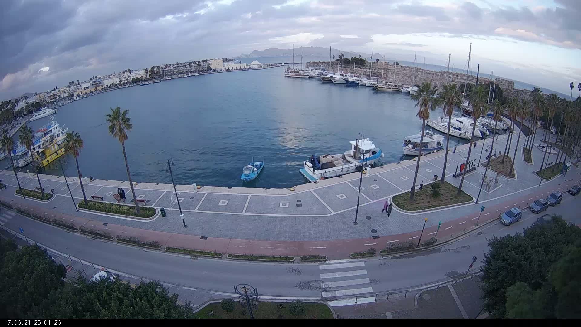 An overcast sky looms over a bustling harbor filled with numerous boats, bordered by a palm-lined promenade, a road with cars, and surrounding buildings, with distant mountains visible.