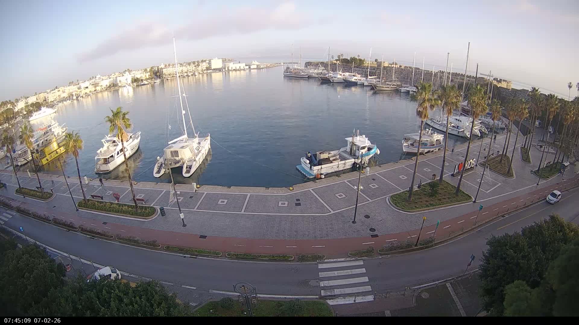 Kos City, Kos Island Harbour, Nerantzia Castle & Turkey Mainland View Live Cam - Kos, Dodacanese,  South Aegean (Periféreia Notíou Aigaíou), Greece