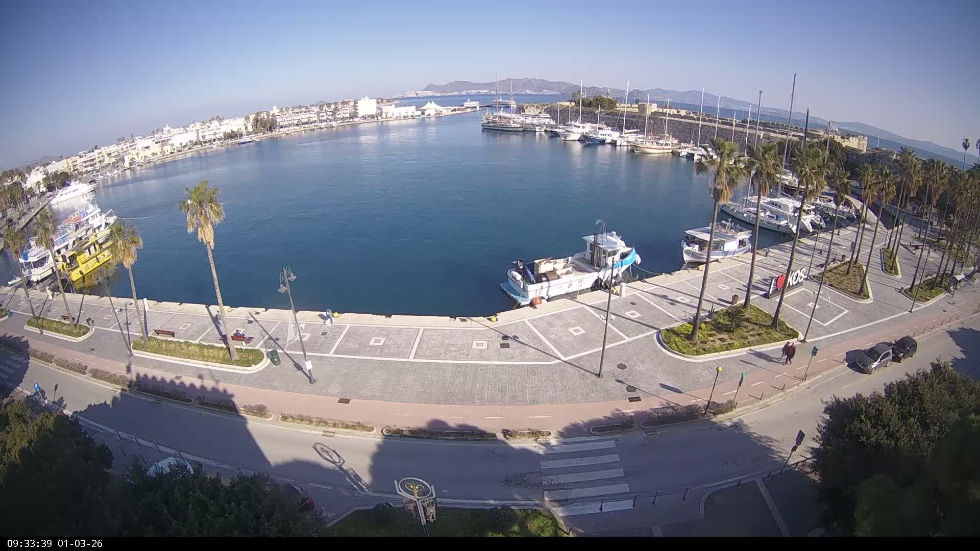 Kos City, Kos Island Harbour, Nerantzia Castle & Turkey Mainland View Live Cam - Kos, Dodacanese,  South Aegean (Periféreia Notíou Aigaíou), Greece