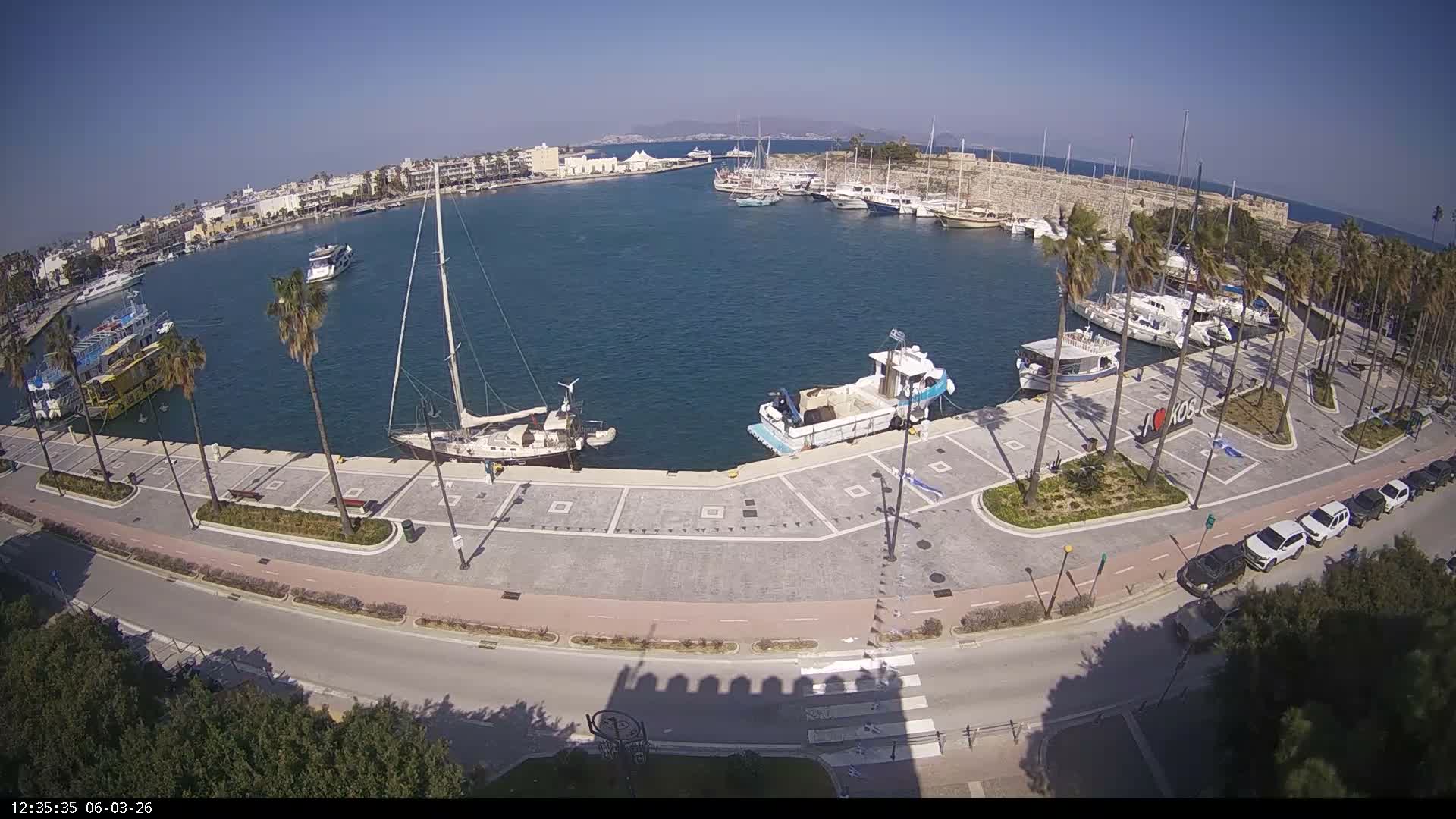 Kos City, Kos Island Harbour, Nerantzia Castle & Turkey Mainland View Live Cam - Kos, Dodacanese,  South Aegean (Periféreia Notíou Aigaíou), Greece