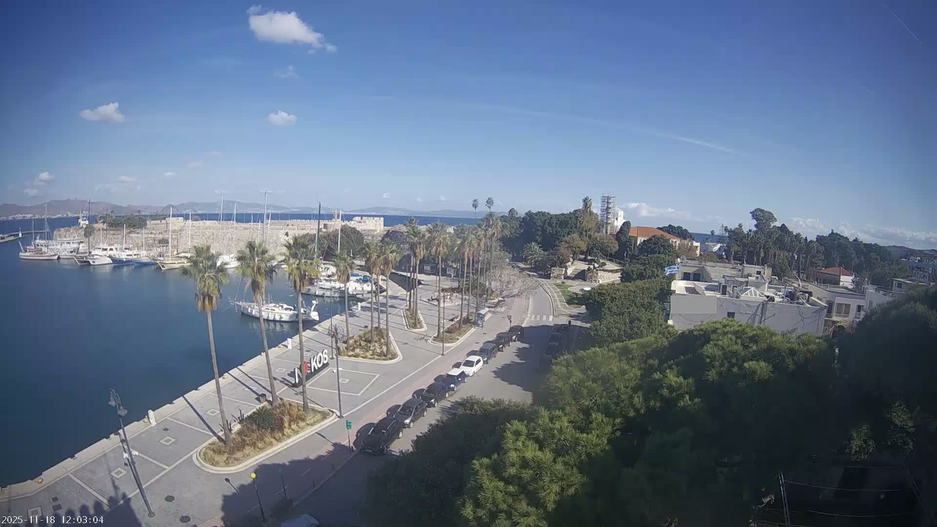 Kos City, Kos Island Harbour, Nerantzia Castle towards East View Live Cam - Kos, Dodacanese, South Aegean (Periféreia Notíou Aigaíou), Greece