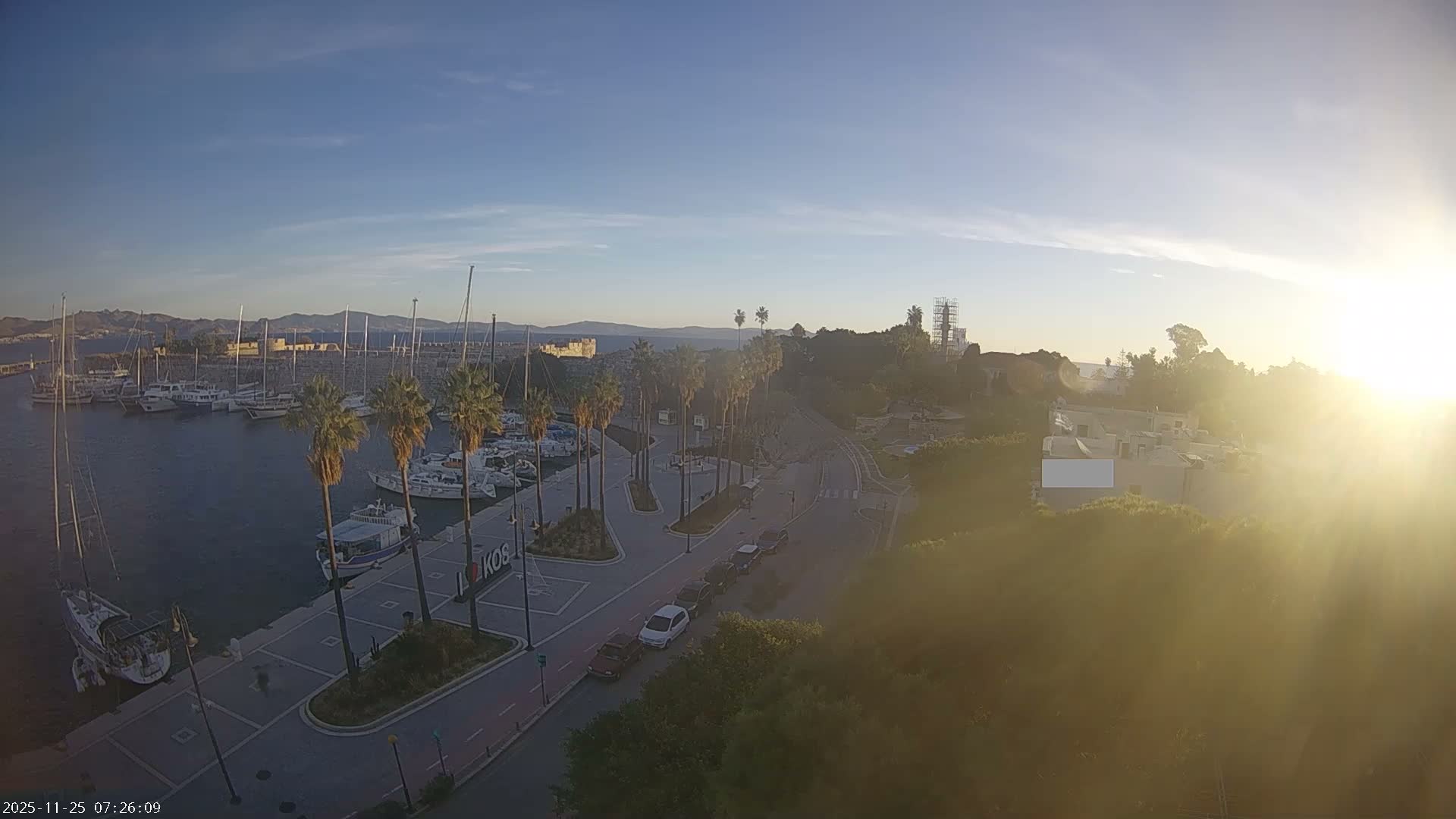 Kos City, Kos Island Harbour, Nerantzia Castle towards East View Live Cam - Kos, Dodacanese, South Aegean (Periféreia Notíou Aigaíou), Greece