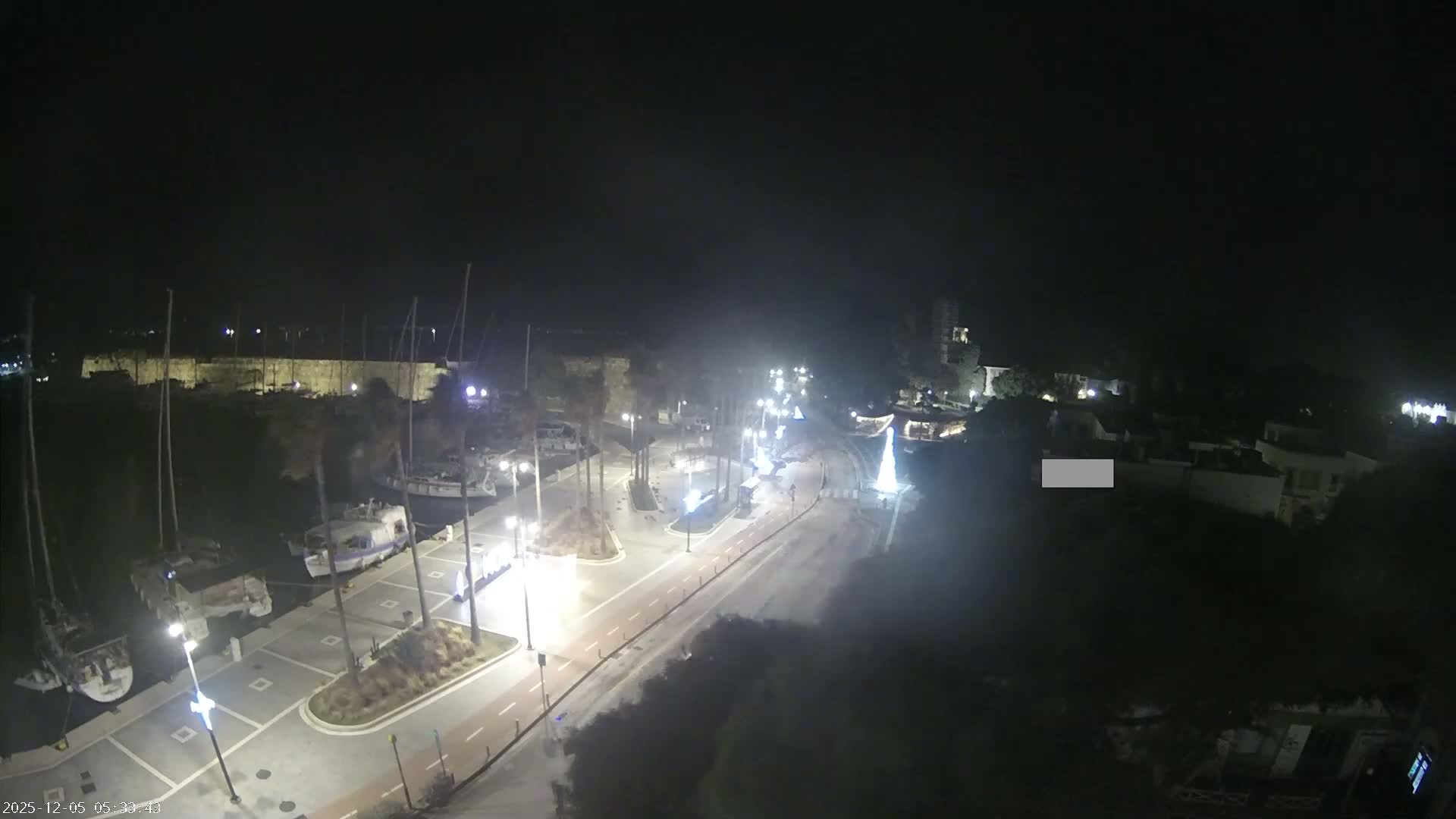 A clear night scene showcases a bustling harbor with boats, a brightly lit promenade lined with palm trees and streetlights, moving vehicles on a road, and an illuminated Christmas tree, all set against distant buildings under a dark sky.