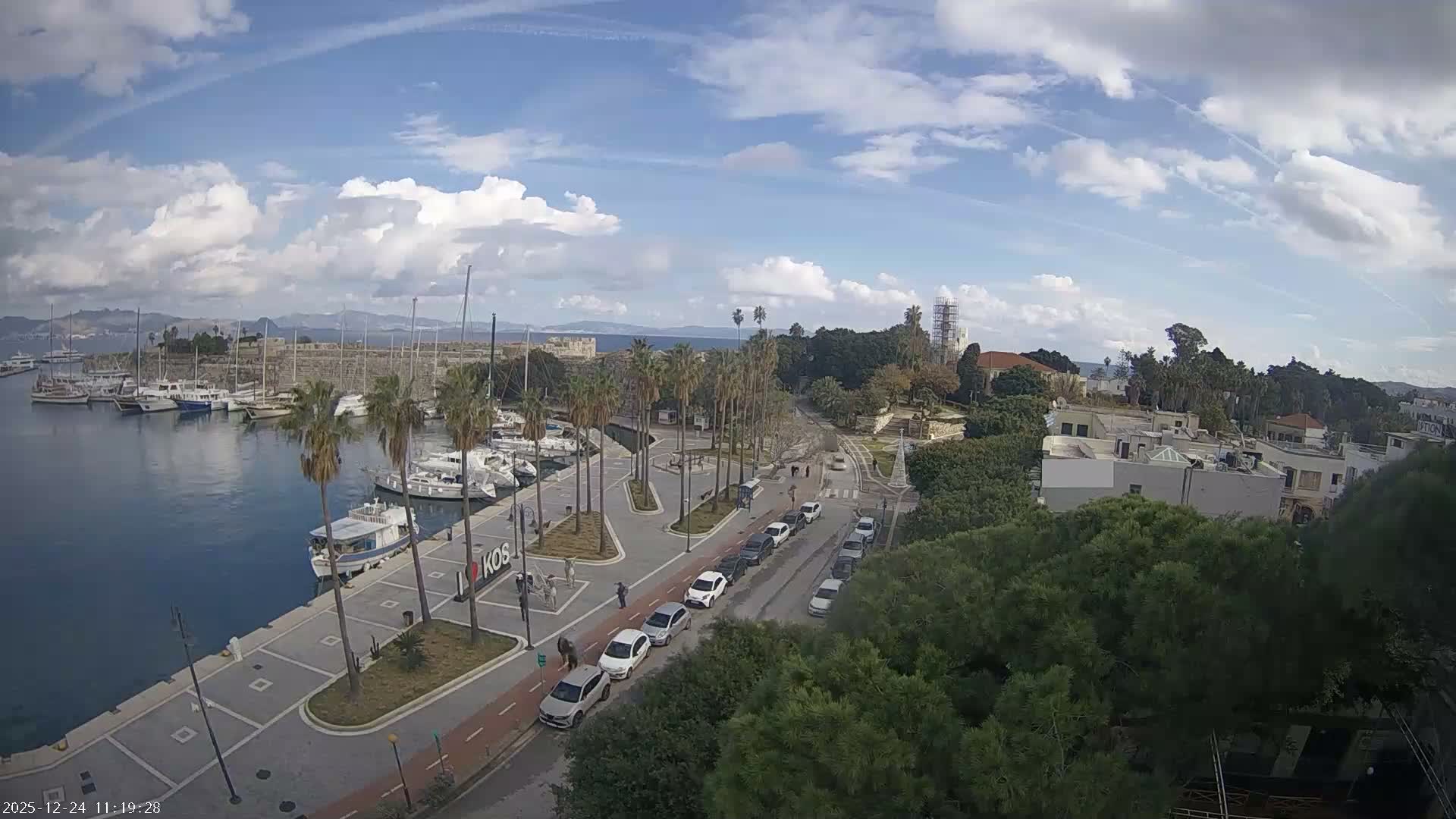 An aerial view captures a marina full of boats, a wet road with scattered cars, and palm trees lining the waterfront promenade, all under an overcast and rainy sky with historical fortifications and buildings in the distance.