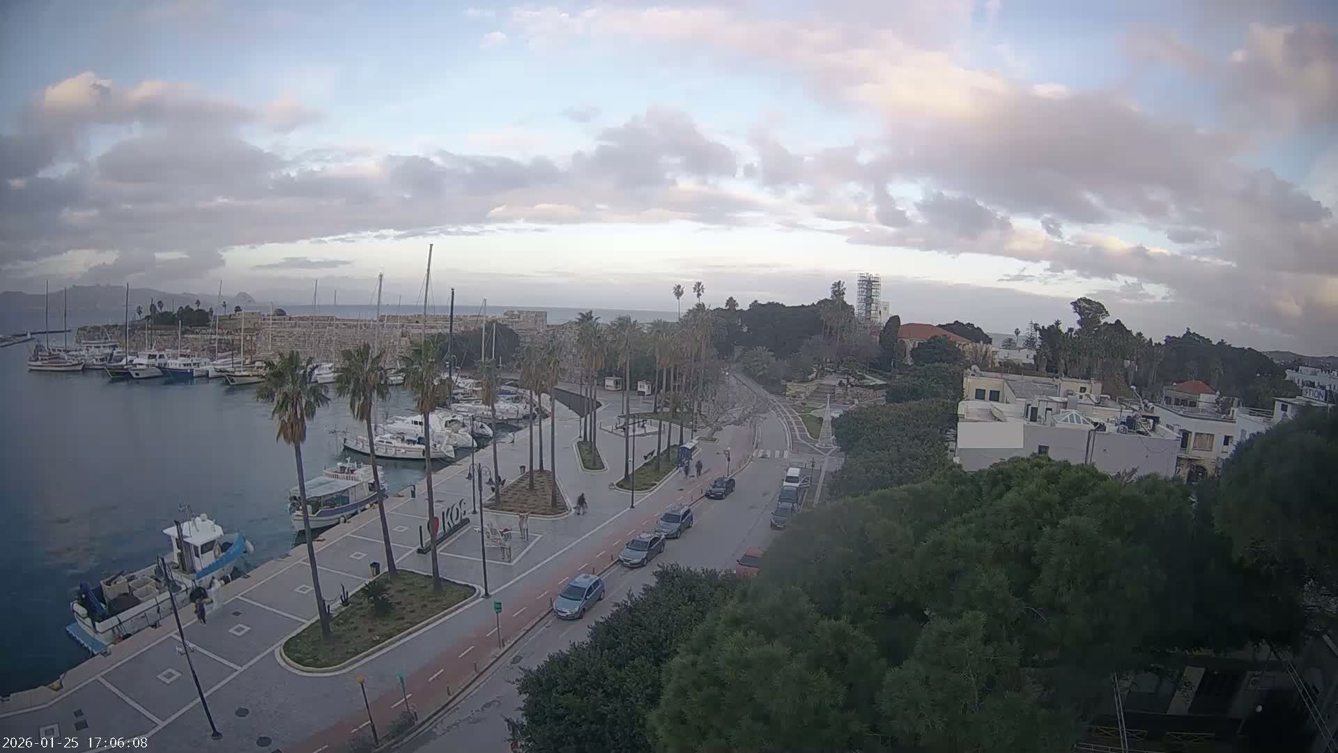 An elevated view shows a harbor filled with boats and yachts, a palm-lined promenade with people and cars, and a city extending into the distance under a partly cloudy sky.