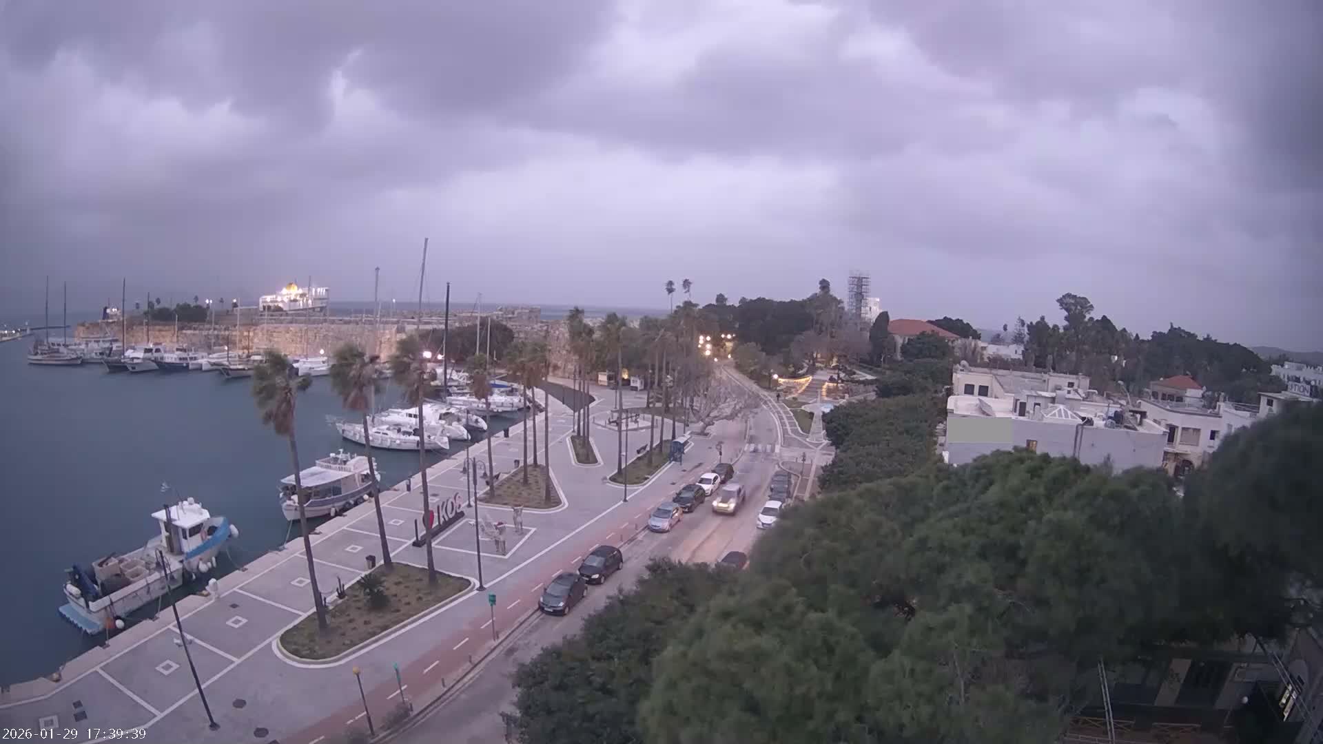 Kos City, Kos Island Harbour, Nerantzia Castle towards East View Live Cam - Kos, Dodacanese, South Aegean (Periféreia Notíou Aigaíou), Greece