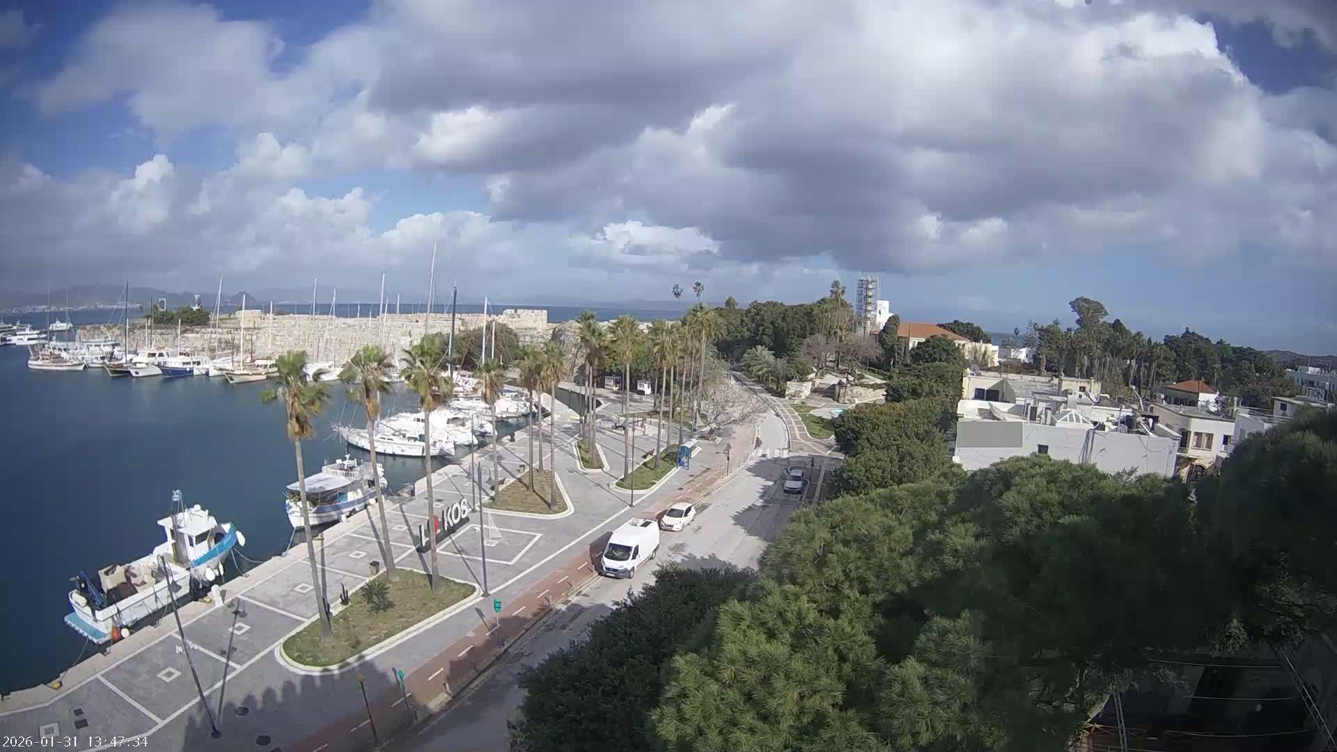 Kos City, Kos Island Harbour, Nerantzia Castle towards East View Live Cam - Kos, Dodacanese, South Aegean (Periféreia Notíou Aigaíou), Greece