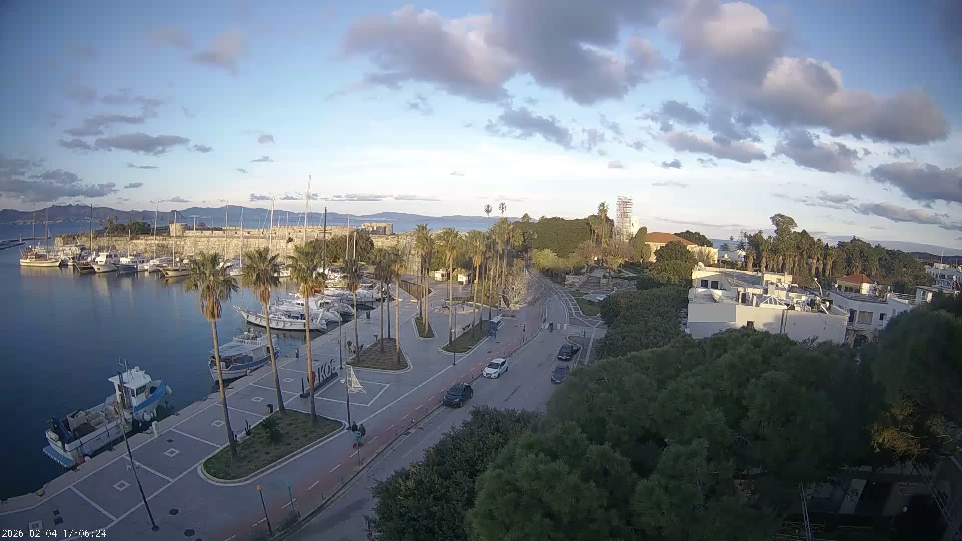 Kos City, Kos Island Harbour, Nerantzia Castle towards East View Live Cam - Kos, Dodacanese, South Aegean (Periféreia Notíou Aigaíou), Greece