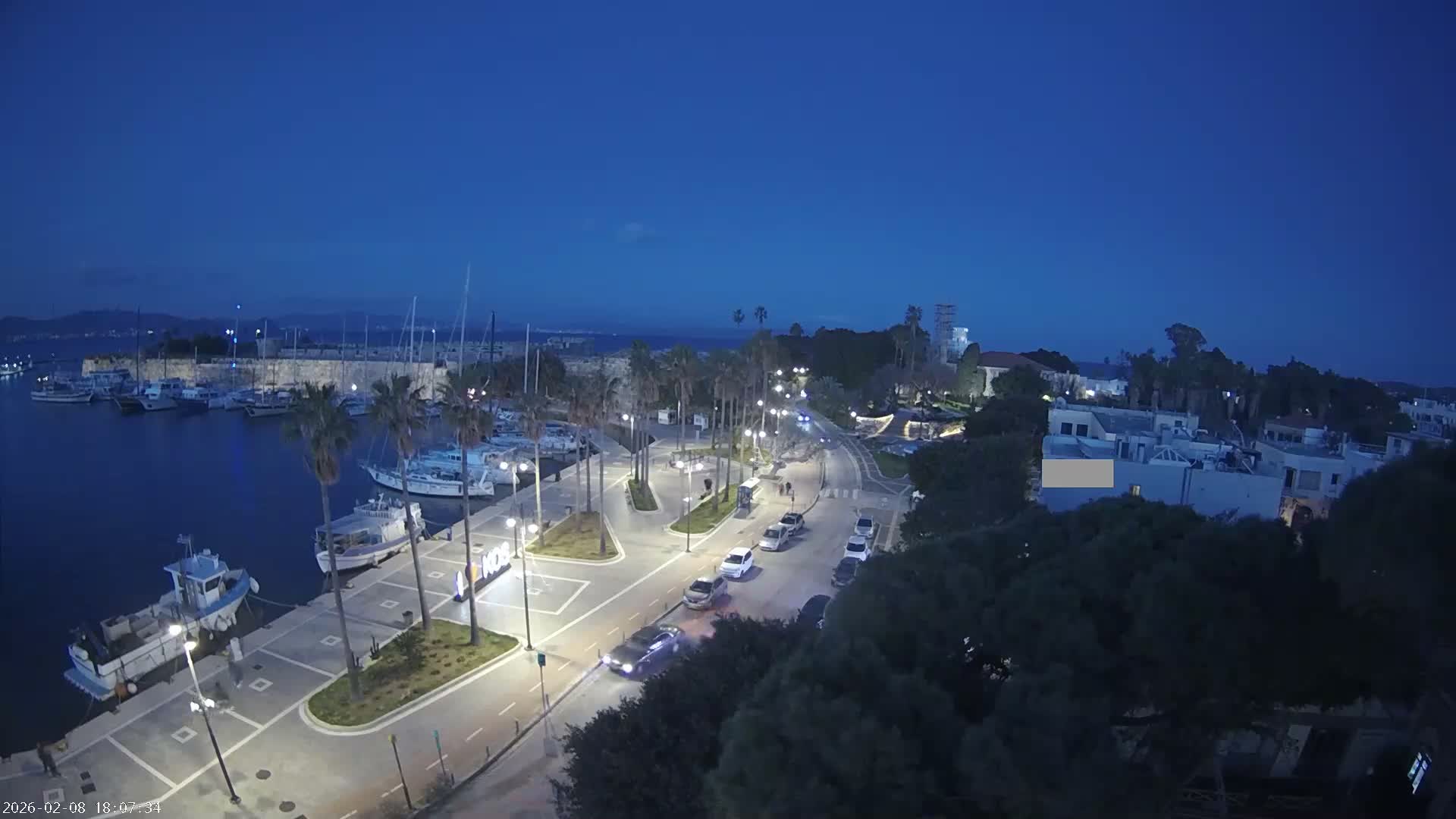 Kos City, Kos Island Harbour, Nerantzia Castle towards East View Live Cam - Kos, Dodacanese, South Aegean (Periféreia Notíou Aigaíou), Greece