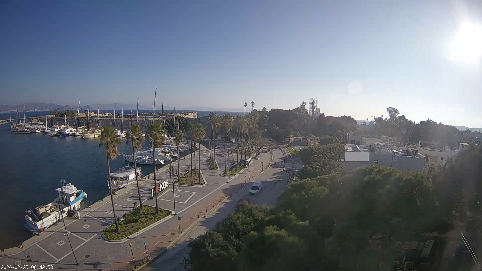 Kos City, Kos Island Harbour, Nerantzia Castle towards East View Live Cam - Kos, Dodacanese, South Aegean (Periféreia Notíou Aigaíou), Greece