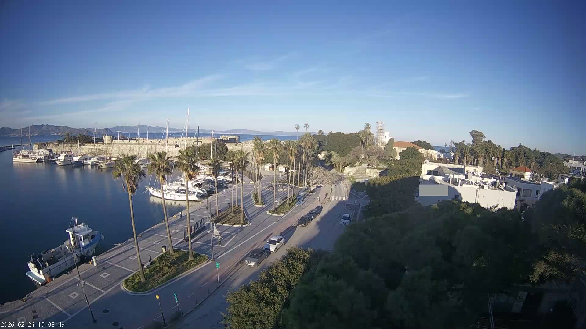 Kos City, Kos Island Harbour, Nerantzia Castle towards East View Live Cam - Kos, Dodacanese, South Aegean (Periféreia Notíou Aigaíou), Greece