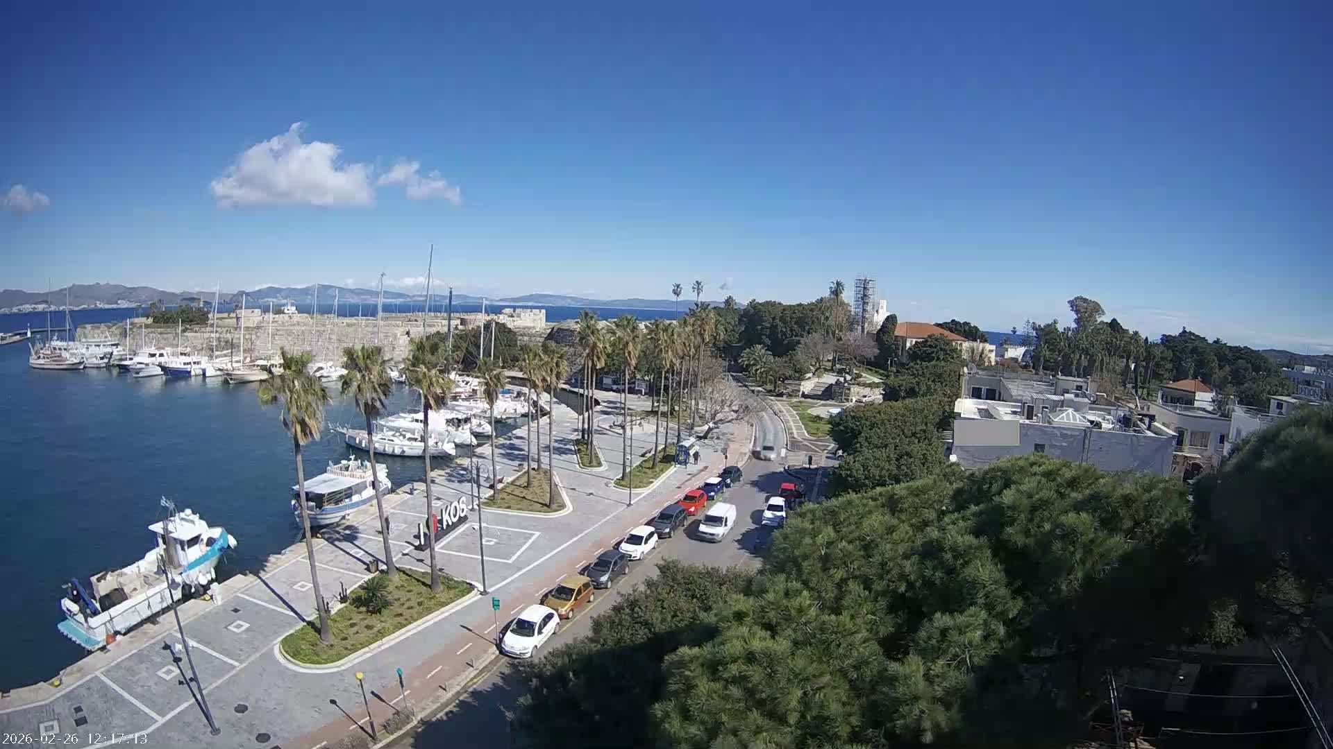 Kos City, Kos Island Harbour, Nerantzia Castle towards East View Live Cam - Kos, Dodacanese, South Aegean (Periféreia Notíou Aigaíou), Greece