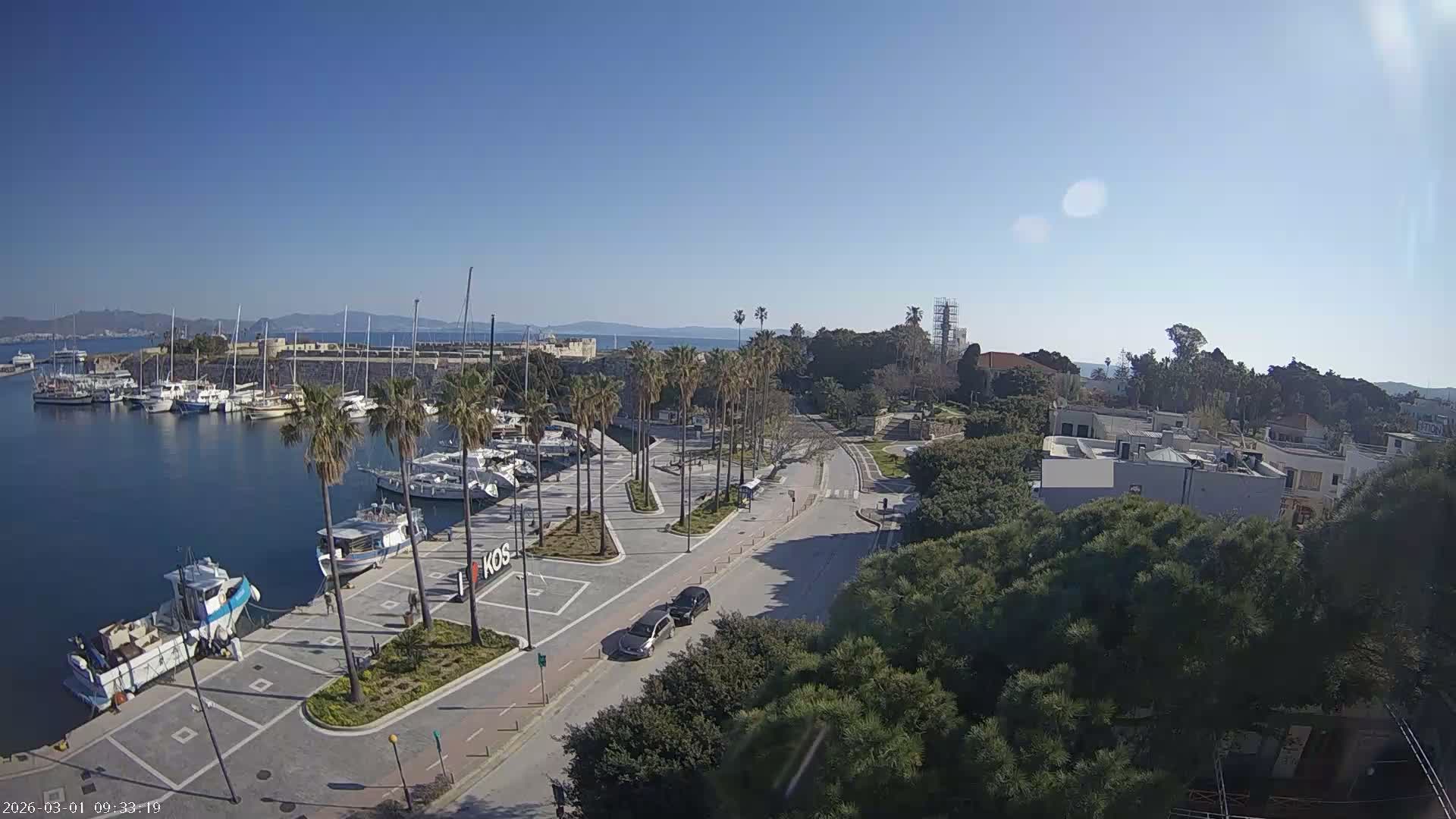 Kos City, Kos Island Harbour, Nerantzia Castle towards East View Live Cam - Kos, Dodacanese, South Aegean (Periféreia Notíou Aigaíou), Greece
