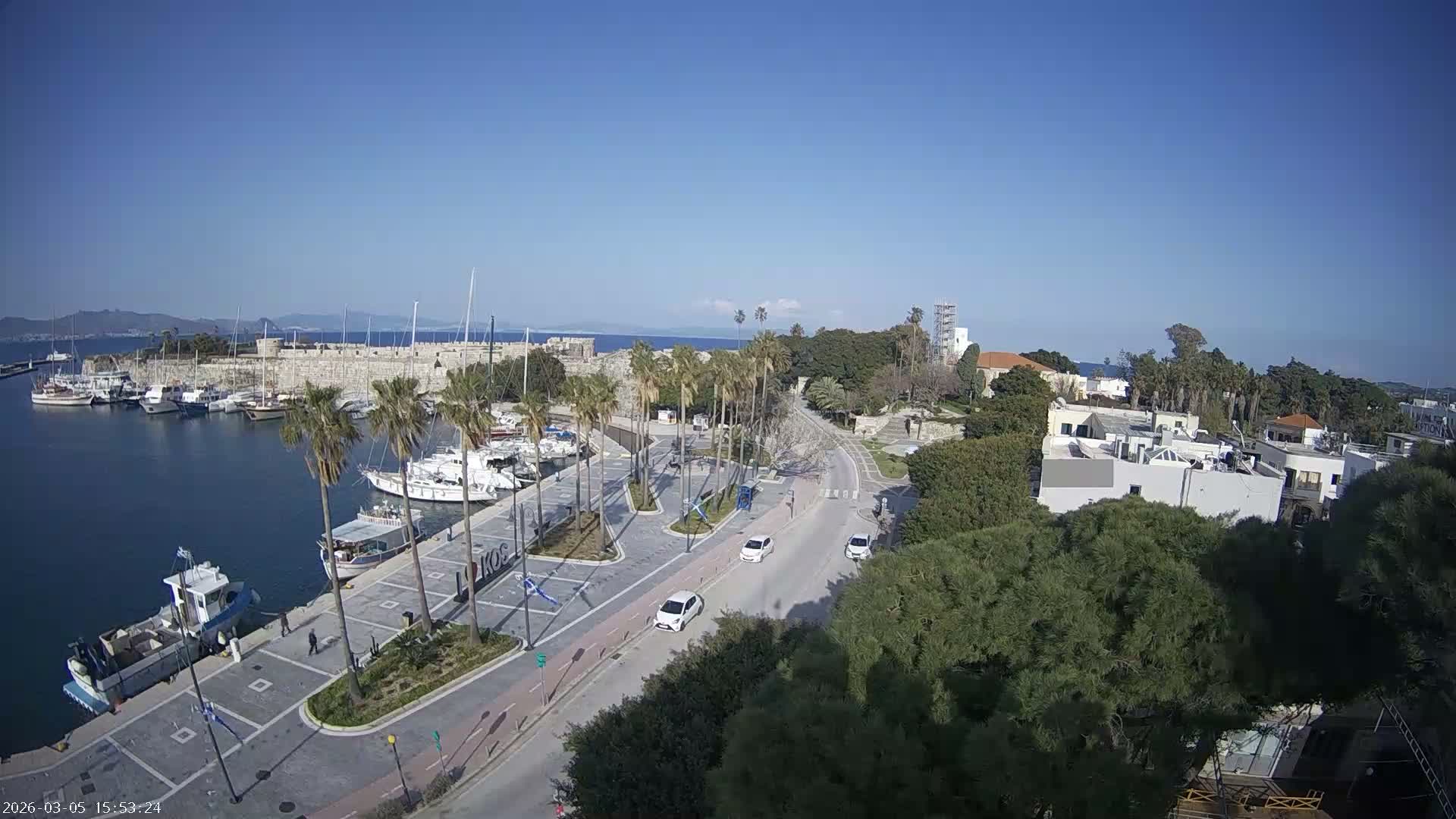 Kos City, Kos Island Harbour, Nerantzia Castle towards East View Live Cam - Kos, Dodacanese, South Aegean (Periféreia Notíou Aigaíou), Greece