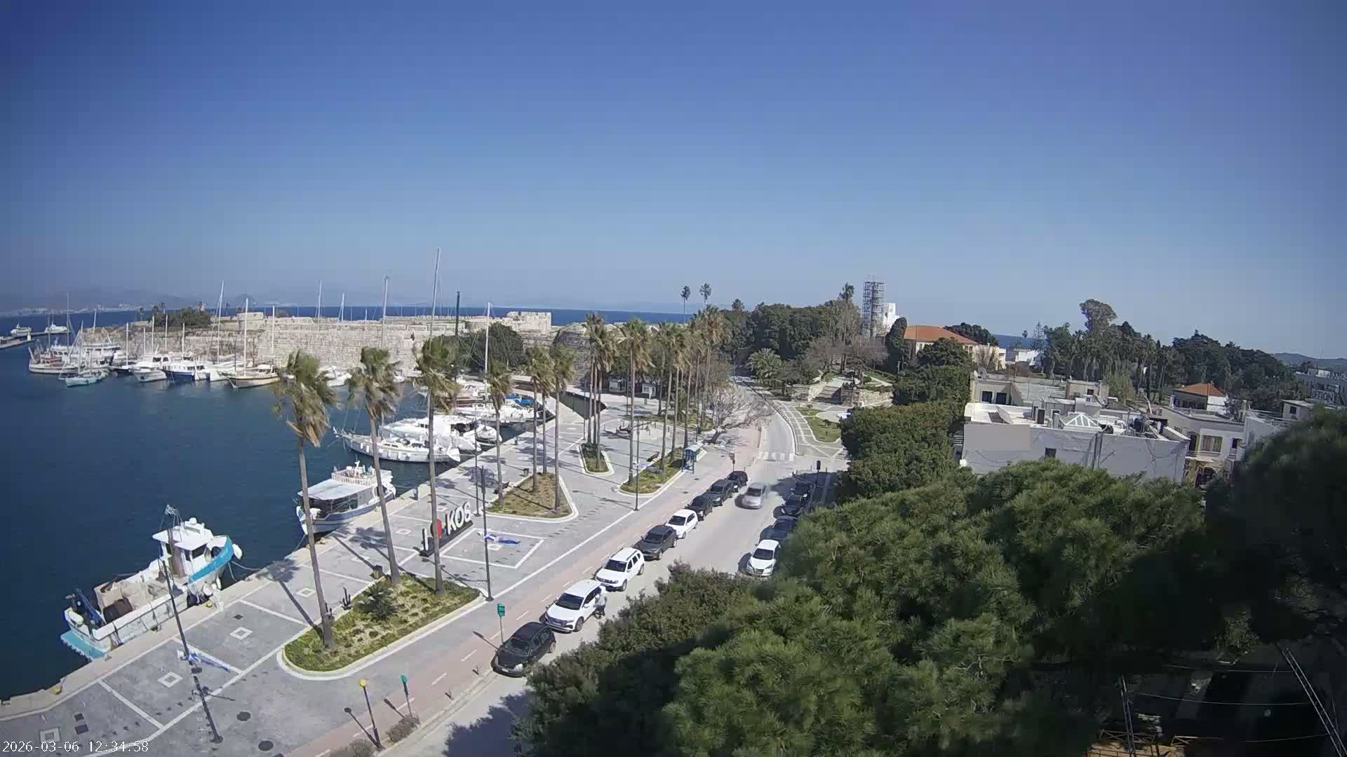 Kos City, Kos Island Harbour, Nerantzia Castle towards East View Live Cam - Kos, Dodacanese, South Aegean (Periféreia Notíou Aigaíou), Greece