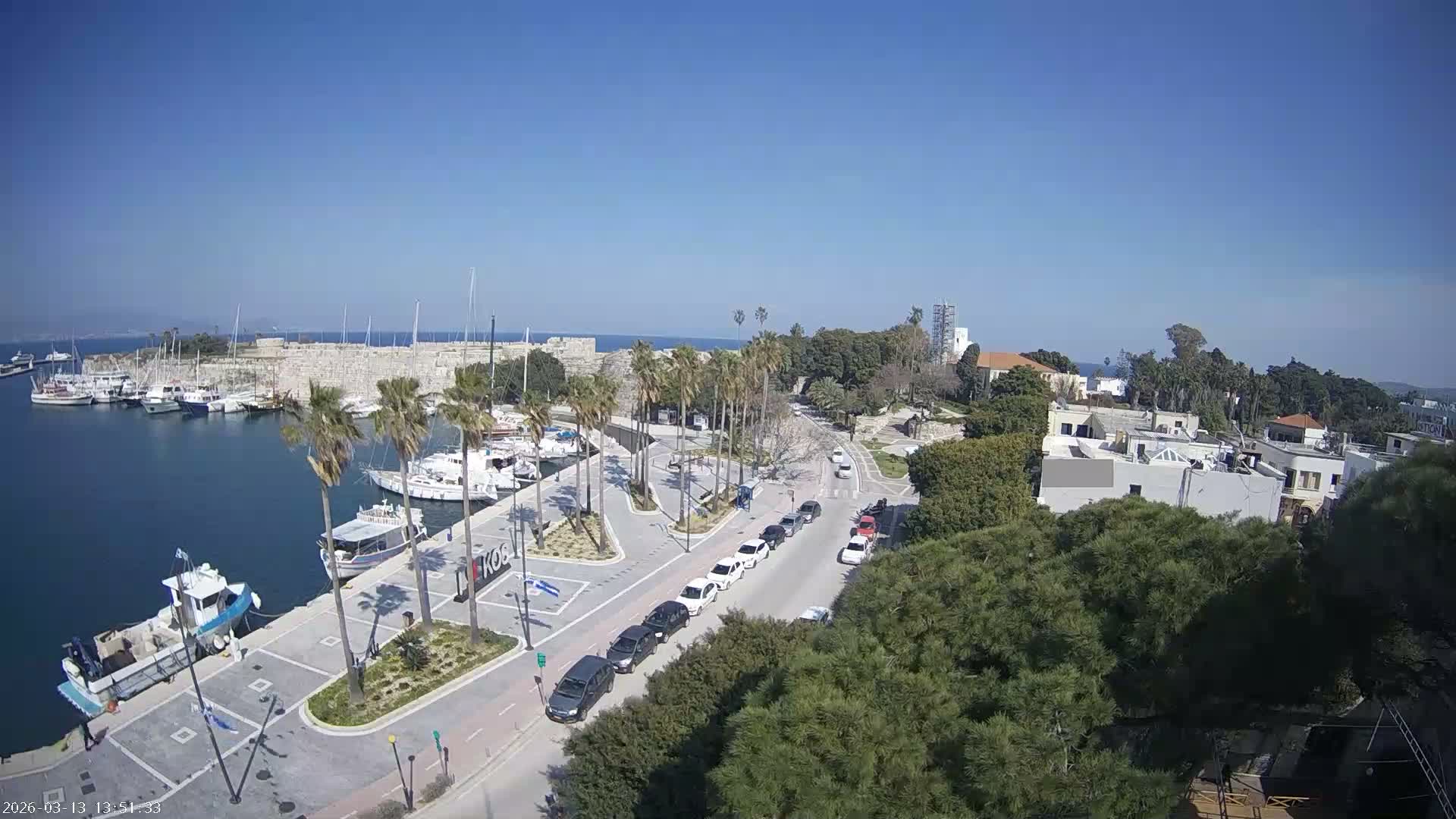 Kos City, Kos Island Harbour, Nerantzia Castle towards East View Live Cam - Kos, Dodacanese, South Aegean (Periféreia Notíou Aigaíou), Greece
