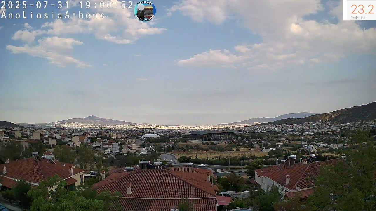 A partly cloudy sky overlooks a sprawling city landscape, nestled between mountains.