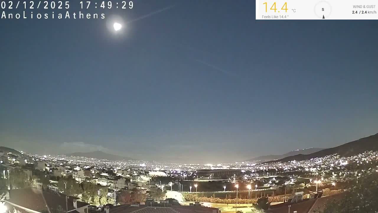An elevated view reveals a sprawling city brightly lit at night under a clear, dark blue sky with a prominent moon in the upper left, while the mild outdoor conditions are 14.4°C with light wind.