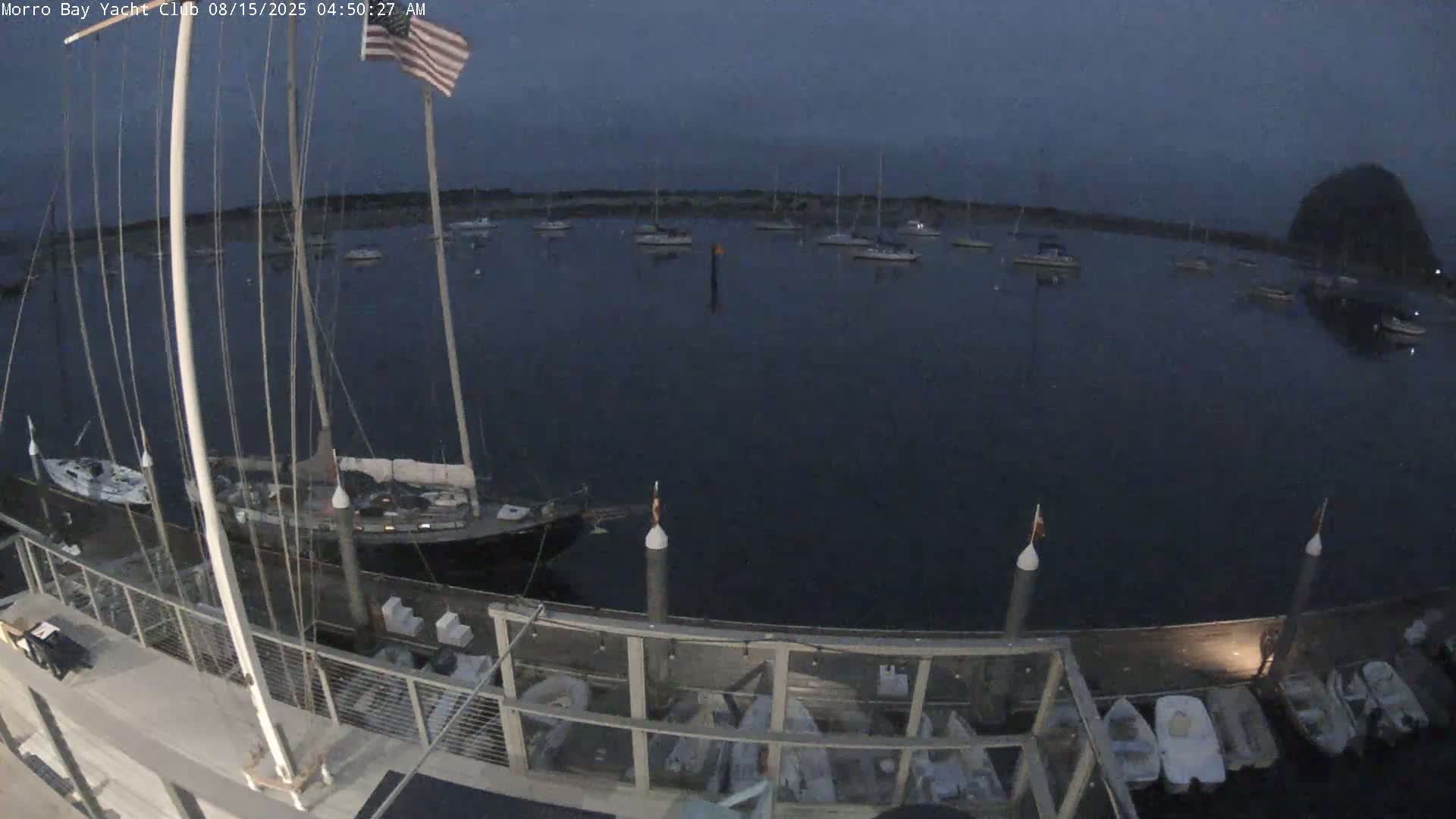 A nighttime view of a marina with numerous boats docked, under a dark sky.