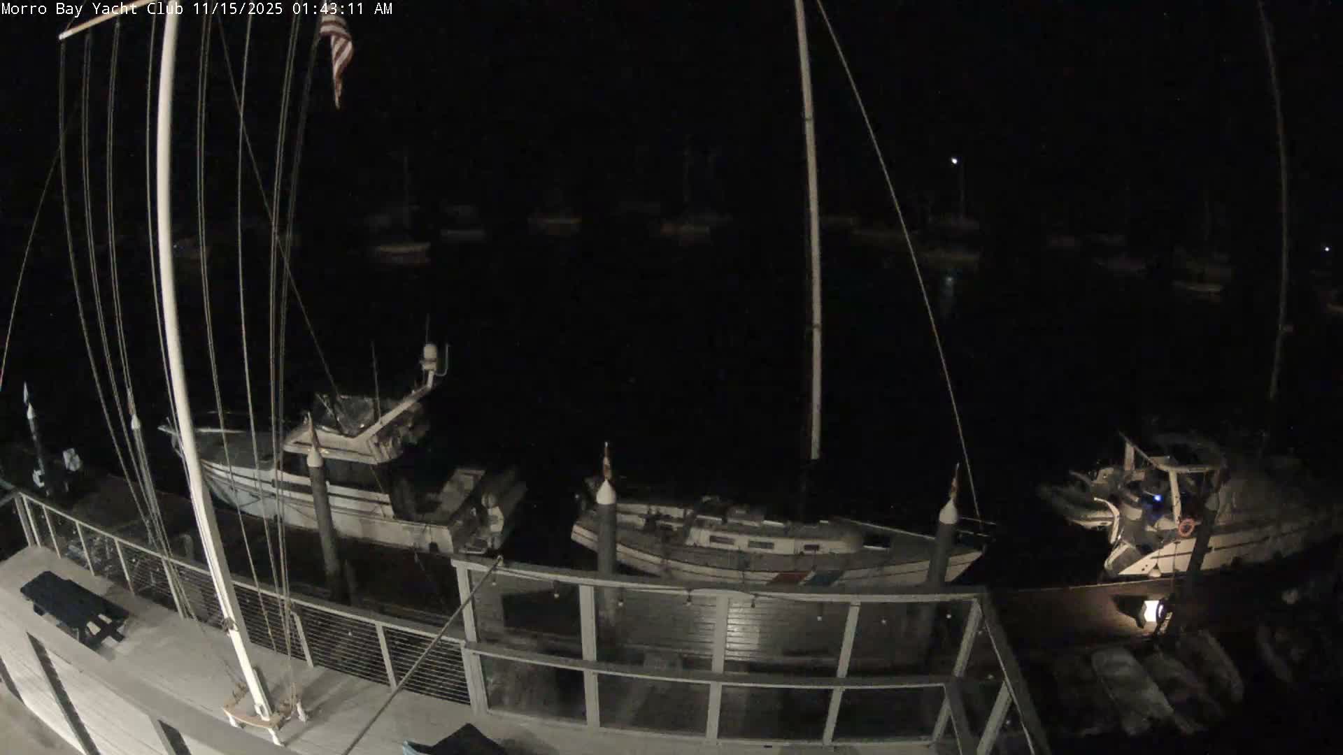 The image captures a dark, clear night at a marina, showing several boats docked in calm water with a railing and deck structure in the foreground.