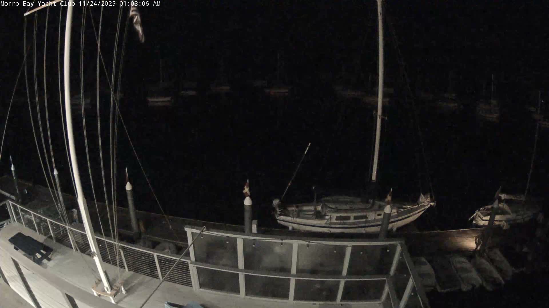 A serene night view depicts a marina filled with several sailboats moored along a well-lit dock, under clear weather conditions.