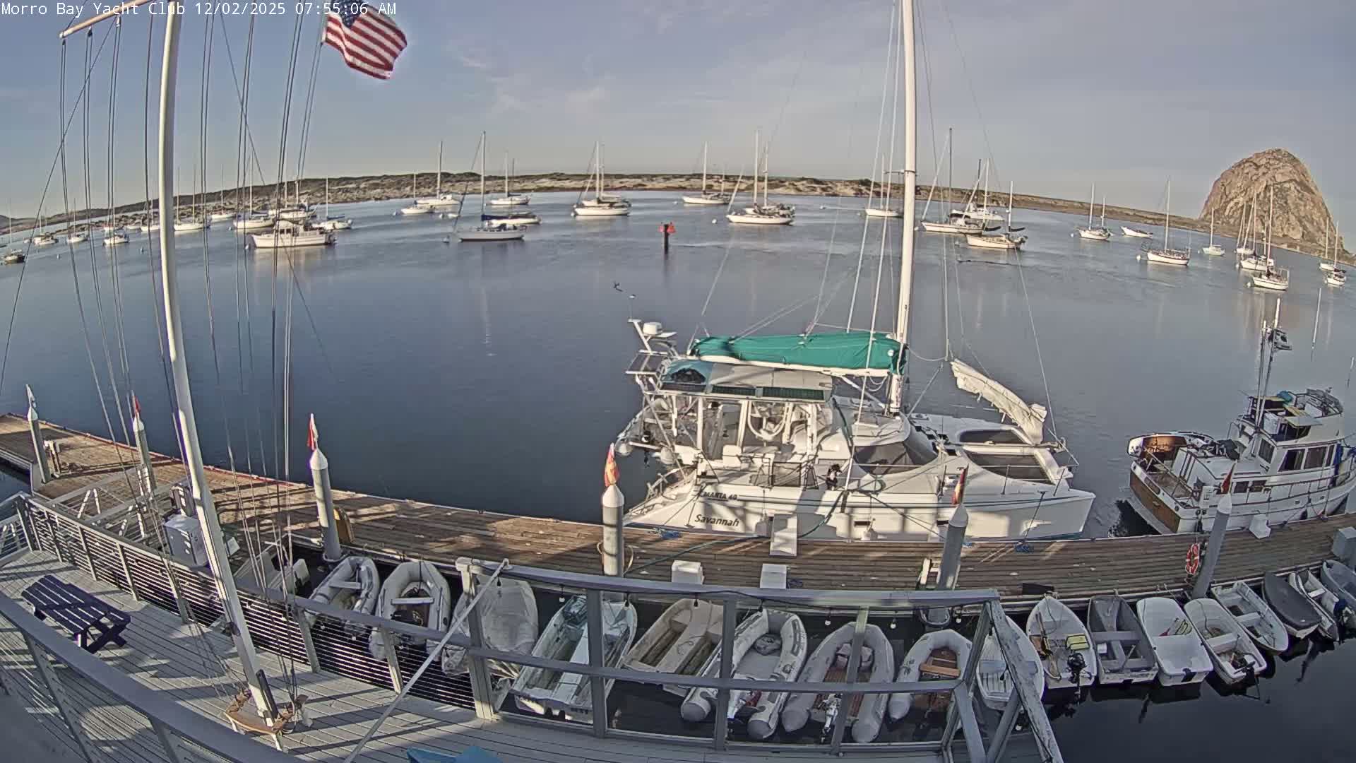 The image captures a serene, clear morning at a bustling bay, featuring numerous sailboats and motorboats scattered across calm waters, with a prominent rocky formation in the distance and docks in the foreground holding various vessels and stored dinghies.