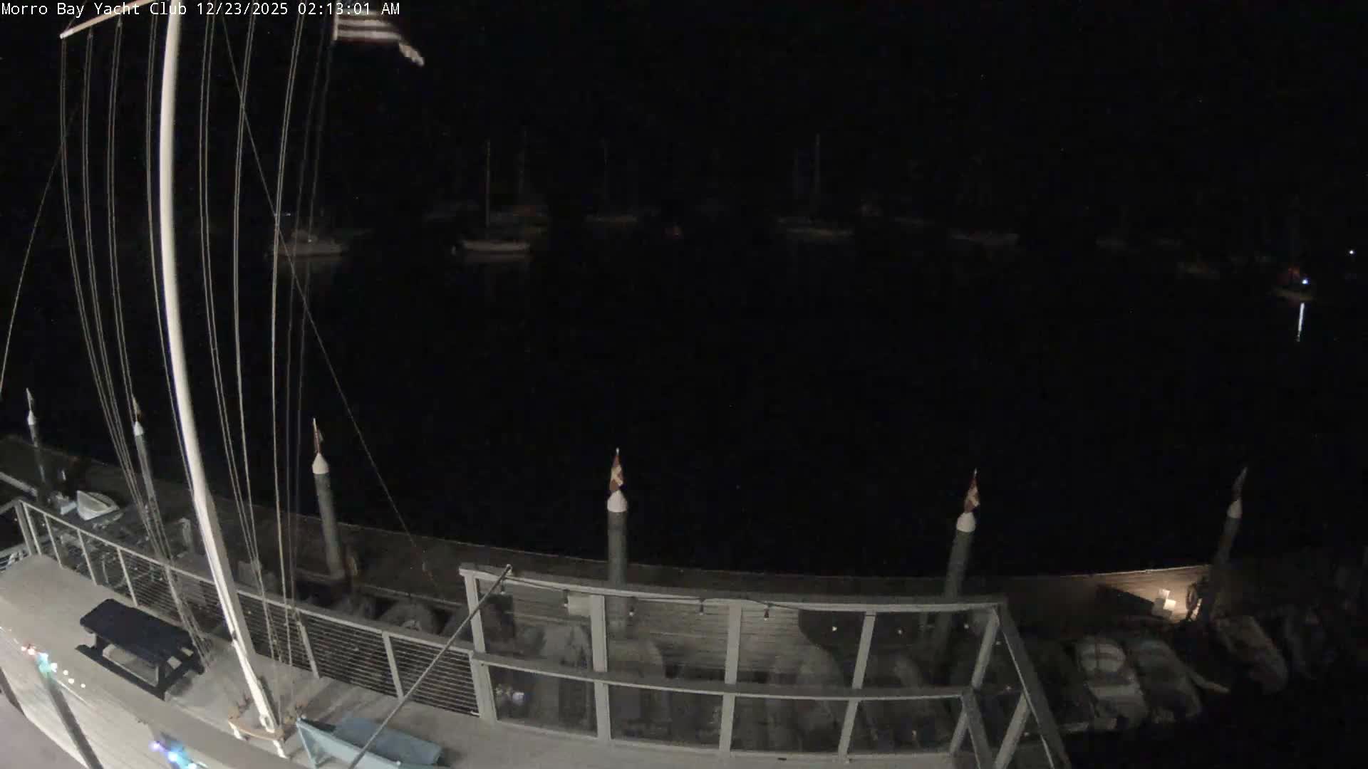A clear night reveals a dark marina with numerous sailboats moored in the water, viewed from a dock featuring railings, lights, and part of a boat's mast and rigging in the foreground.