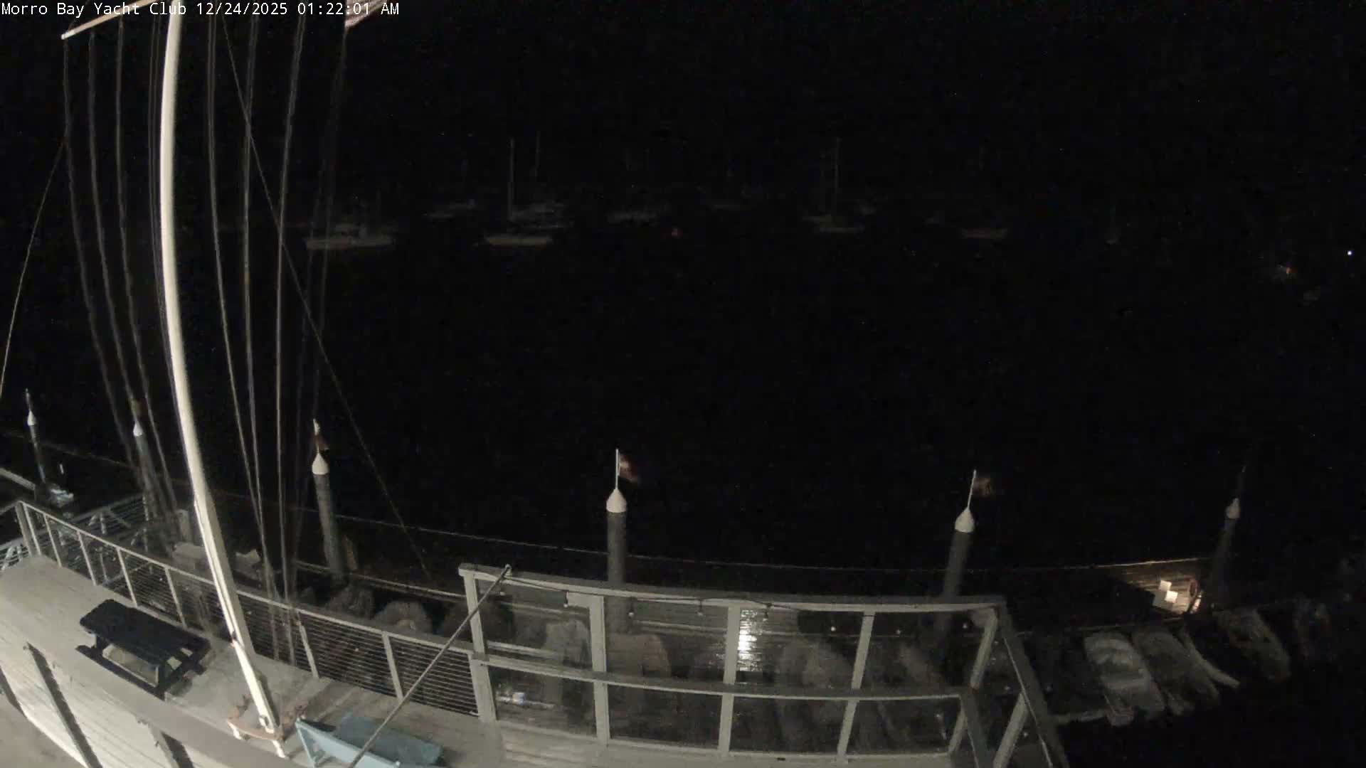 A clear night reveals a dark marina with numerous sailboats moored in the water, viewed from a dock featuring railings, lights, and part of a boat's mast and rigging in the foreground.