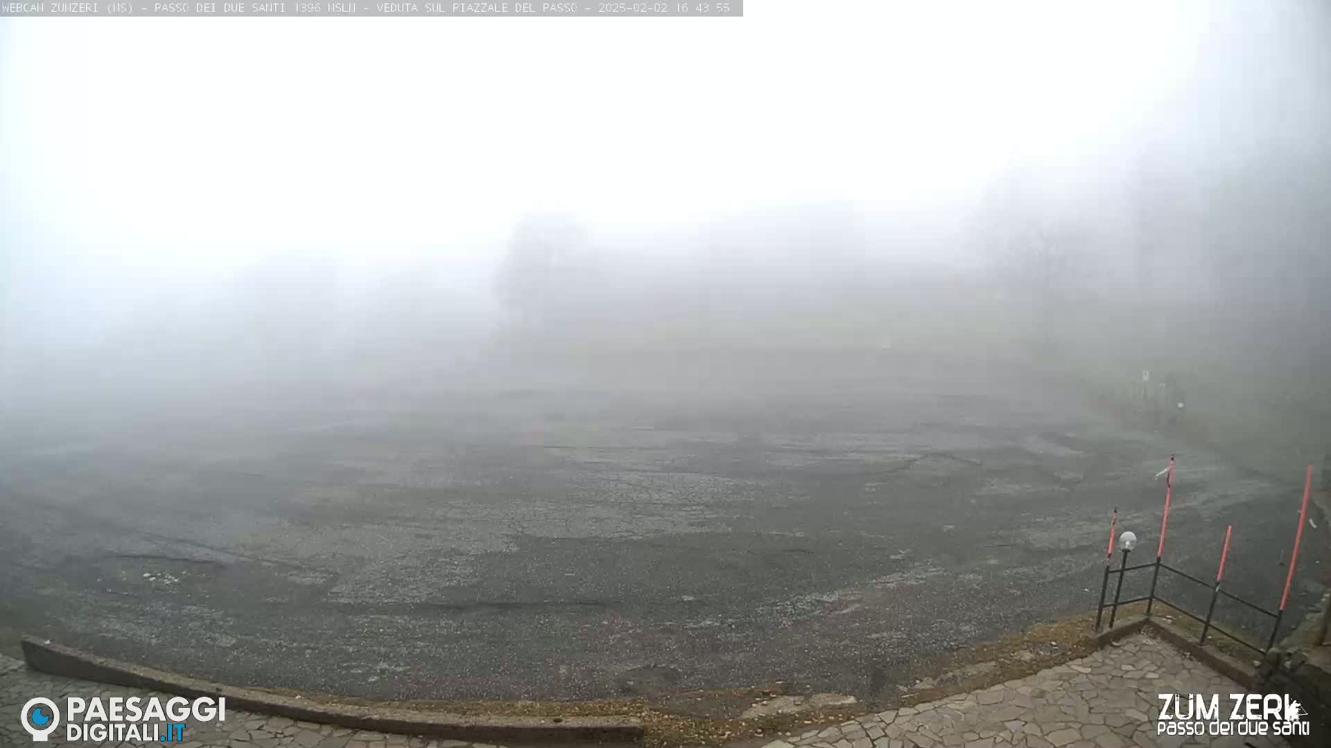 A wide, dark gray paved area is shrouded in thick fog, with indistinct shapes of trees and shrubs barely visible in the distance.