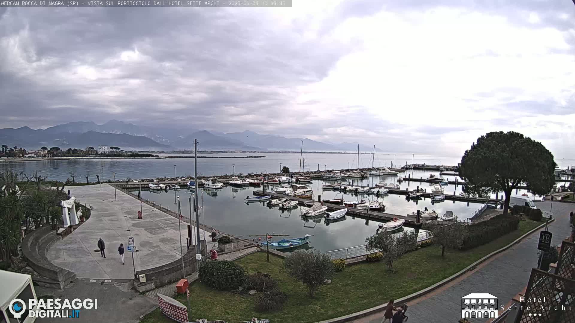A marina filled with numerous boats is situated near a paved plaza and green space, overlooking a calm body of water with mountains in the distance under a cloudy sky.