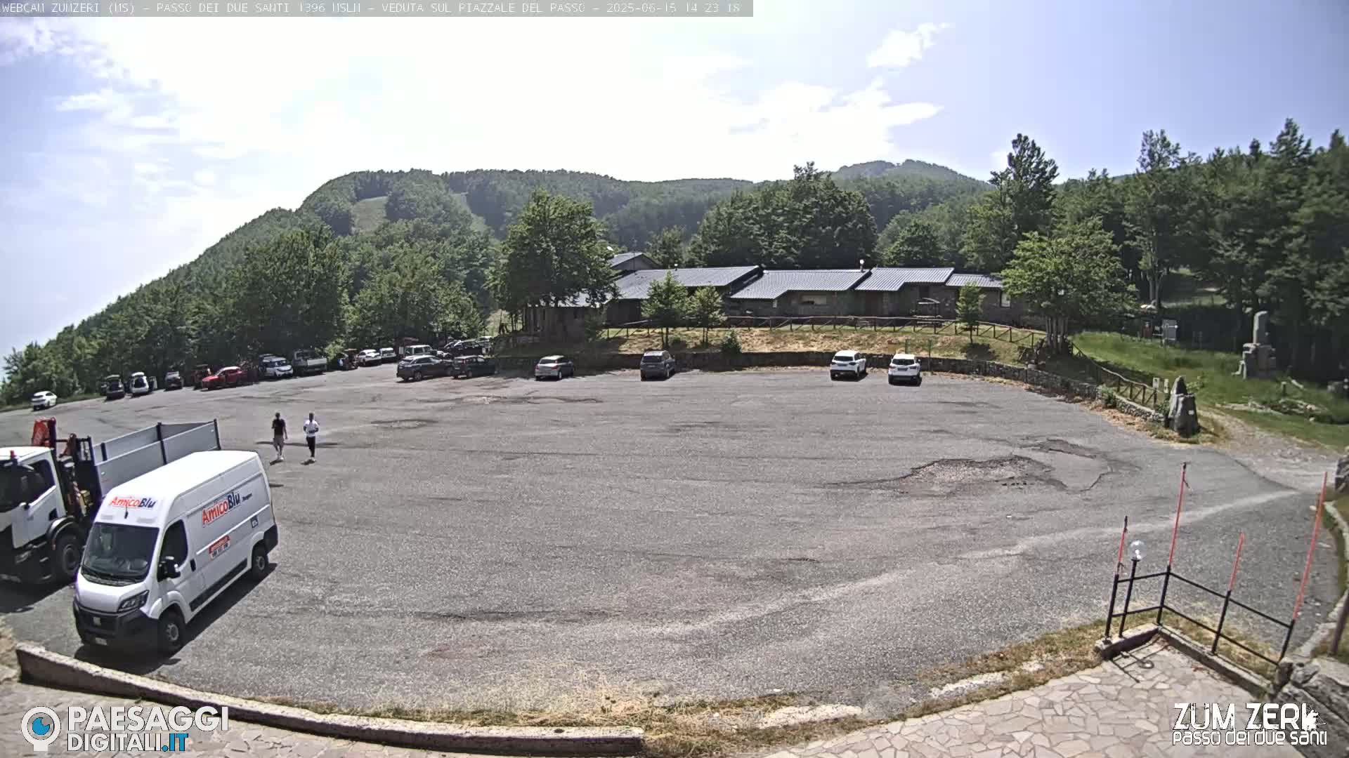 A mostly empty parking lot with several cars and two pedestrians is situated in front of a long building, with a mountain and forest in the background under a partly sunny sky.