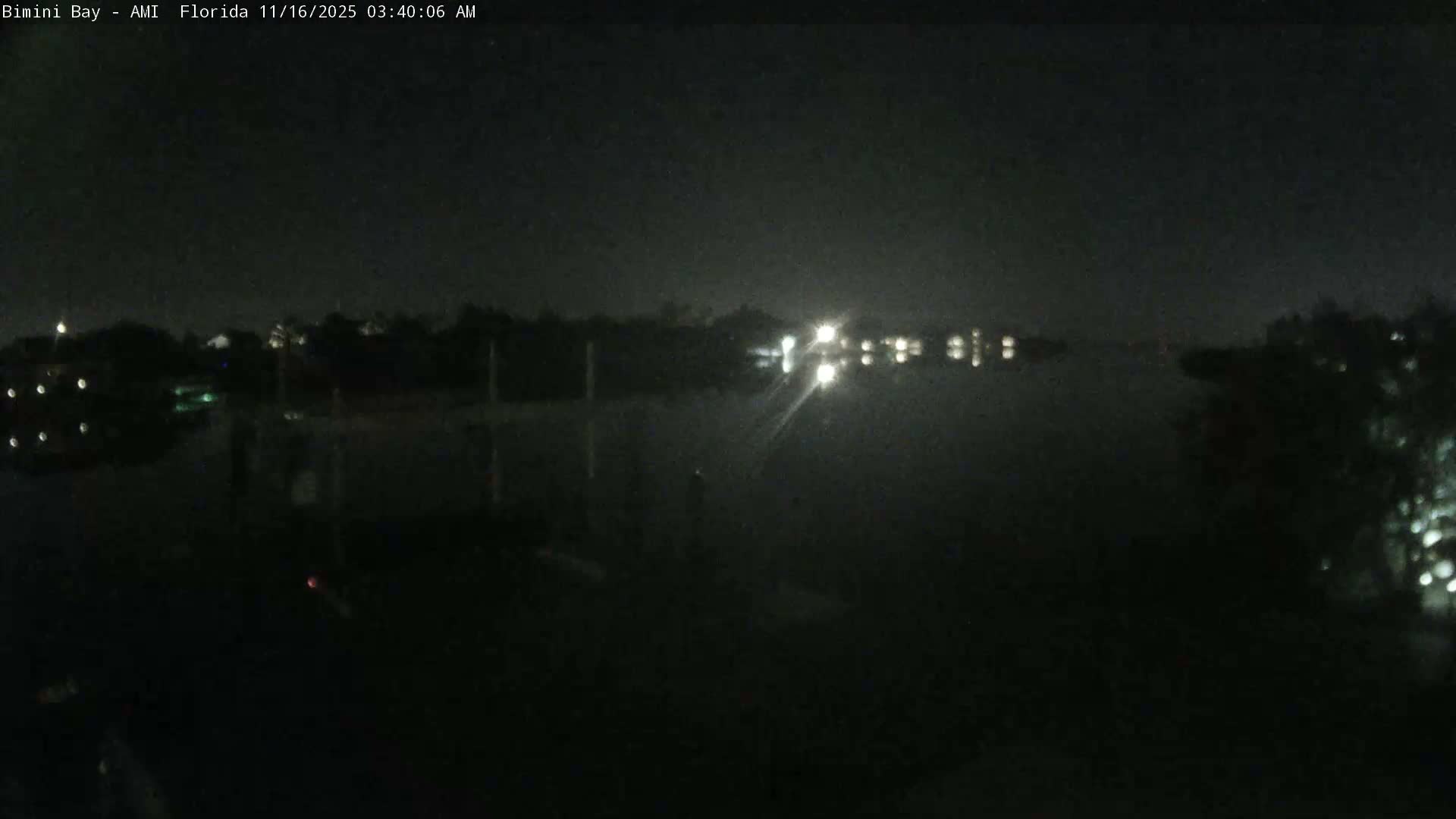 A dark nighttime scene depicts a body of water reflecting bright lights from a distant shore, with scattered lights also visible along a closer left bank, under clear conditions.