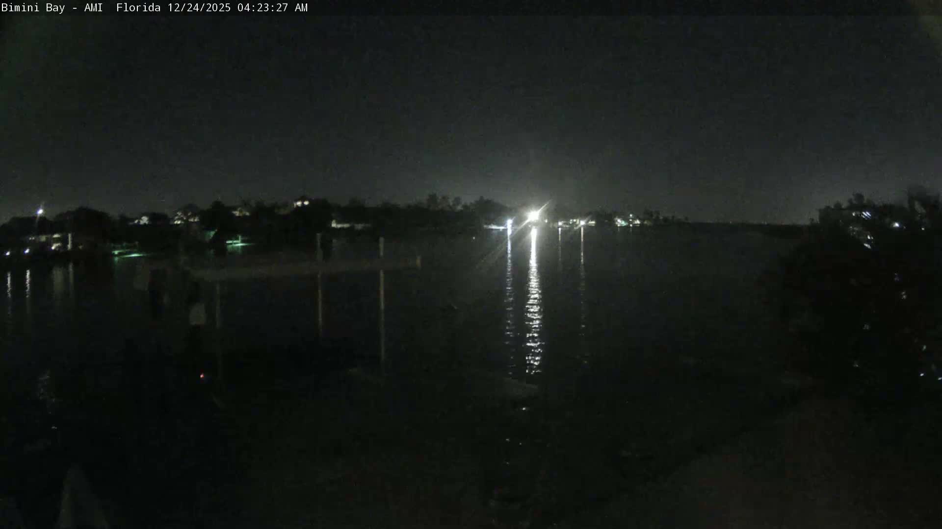 A boat dock stands on a dark, foggy bay or canal, with several bright lights piercing the thick mist in the distance.